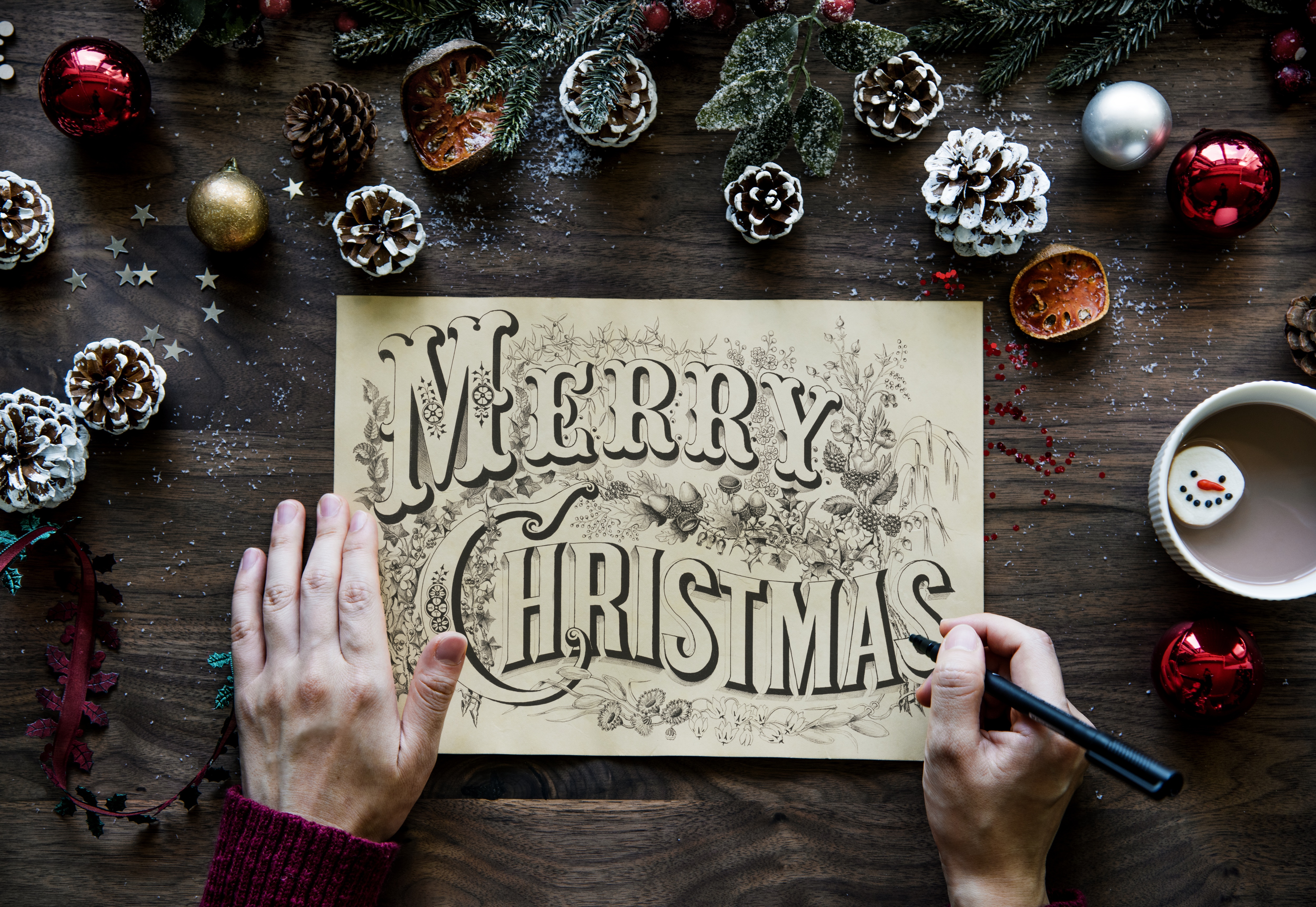 holiday, christmas, drawing, hand, merry christmas, pine cone