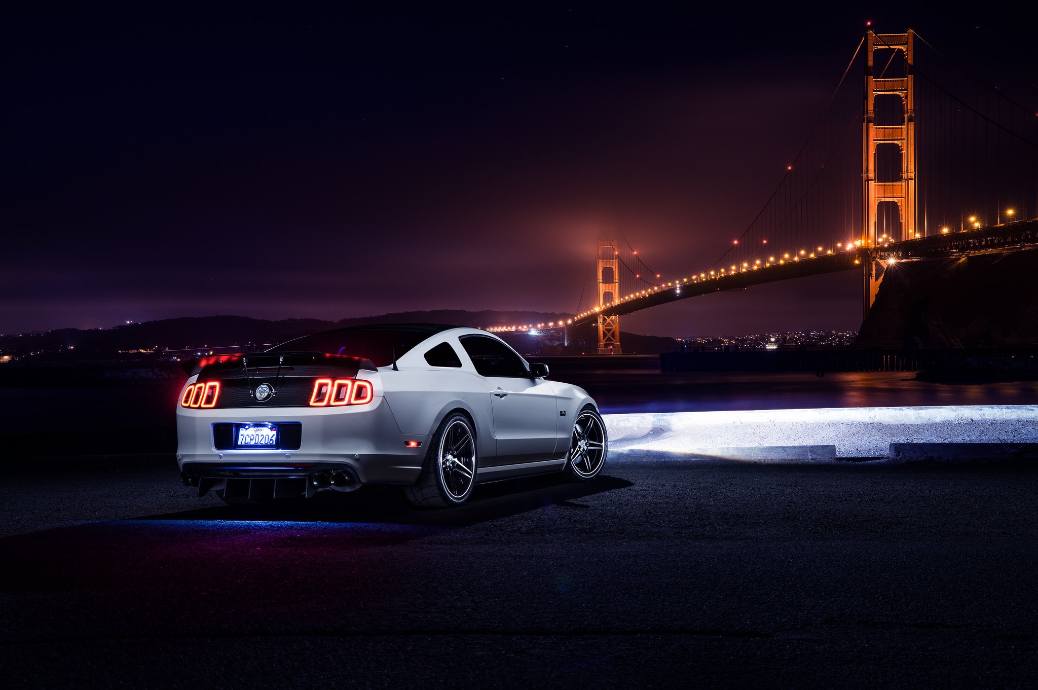 Download mobile wallpaper Ford, Bridge, Ford Mustang, Golden Gate, Vehicles, Silver Car for free.