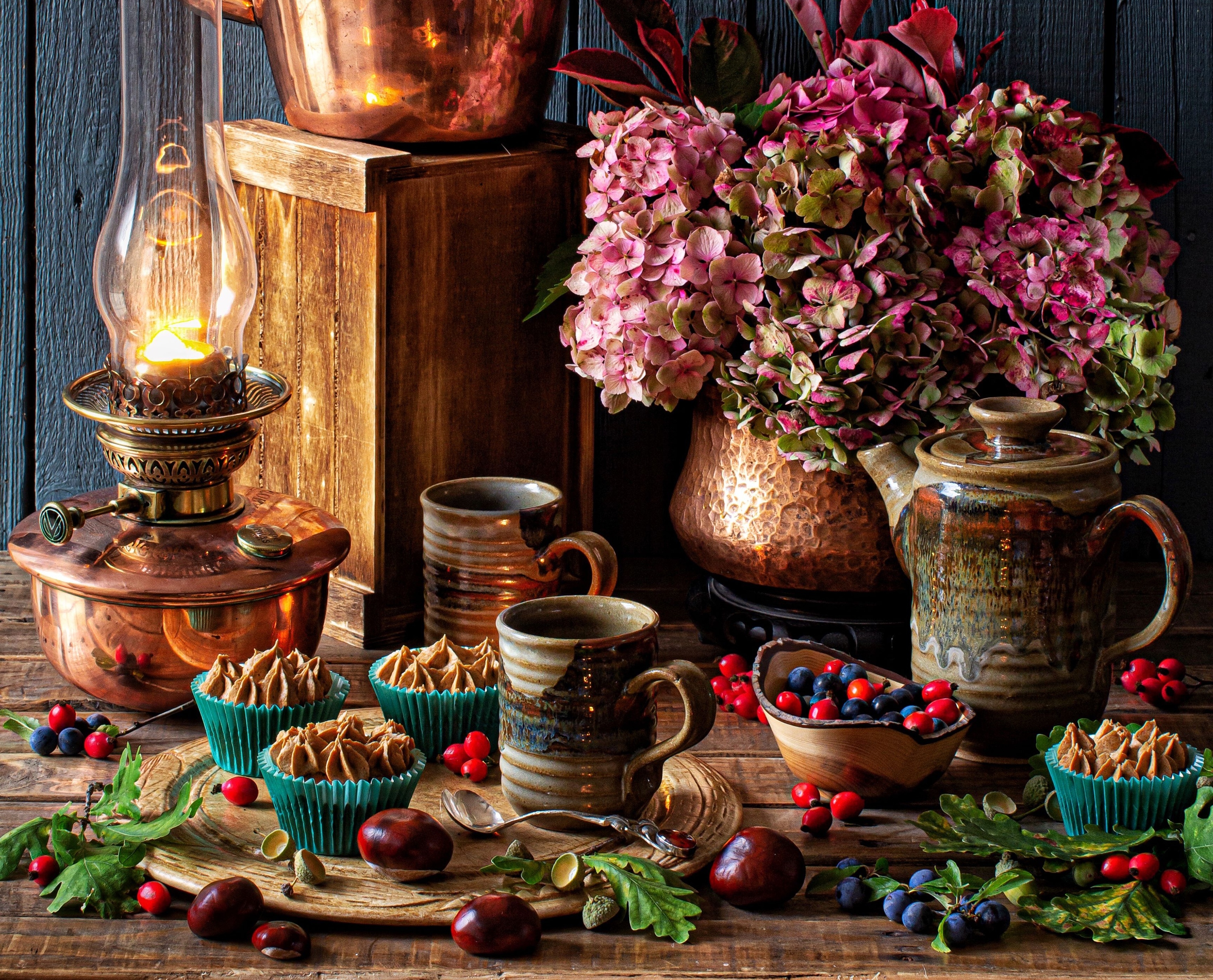 berry, kettle, photography, still life, dessert, flower, hydrangea, lamp
