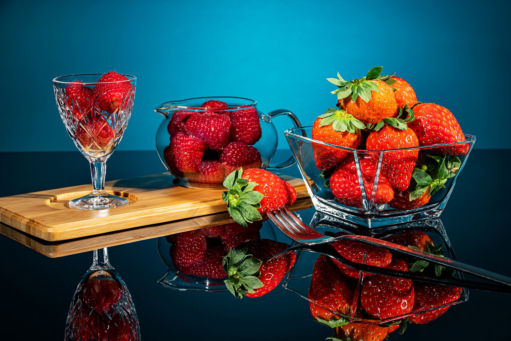 Download mobile wallpaper Food, Strawberry, Raspberry, Still Life, Reflection, Berry for free.