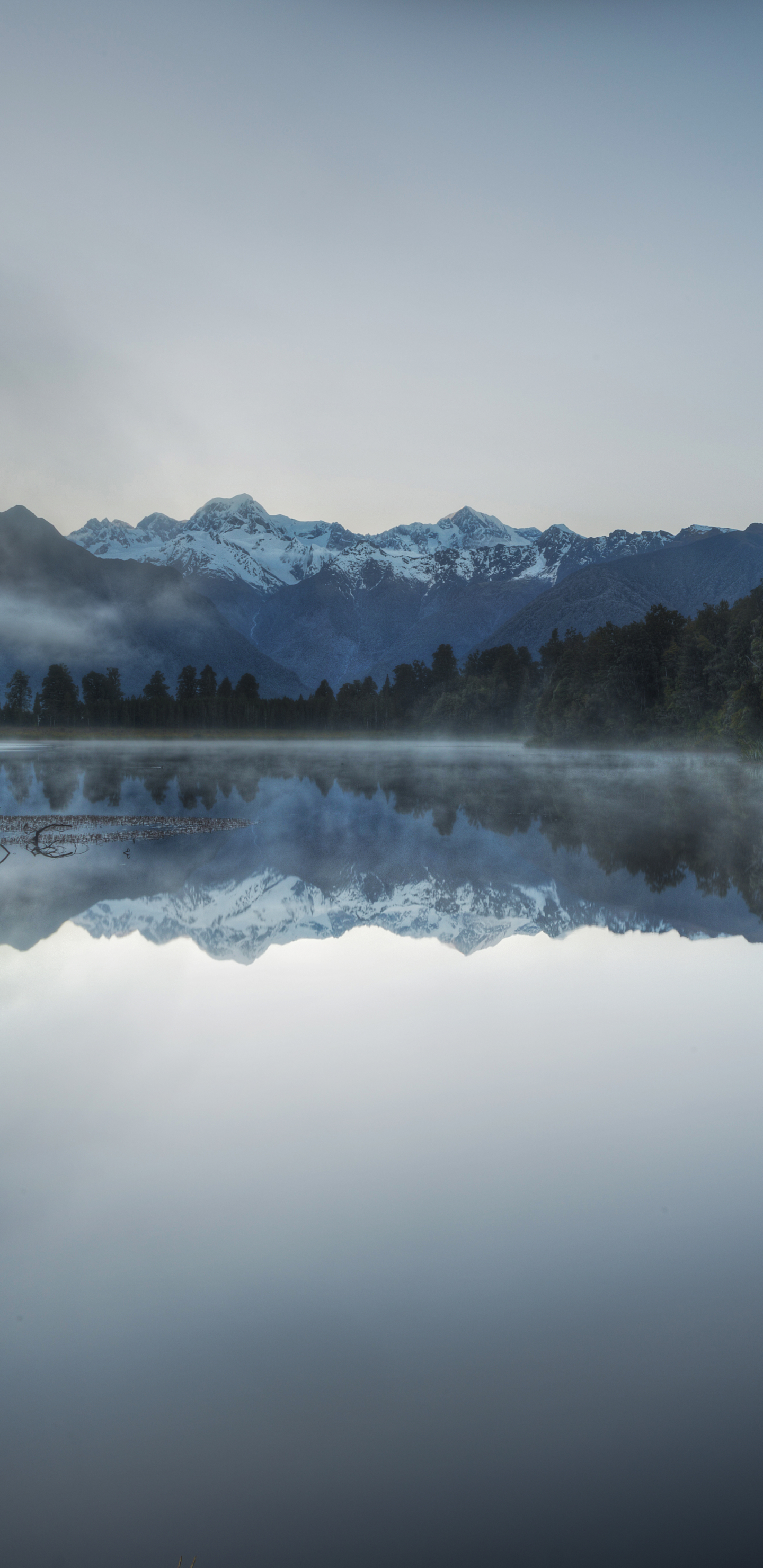 new zealand, lake, earth, lake matheson, reflection, fog, southern alps, lakes
