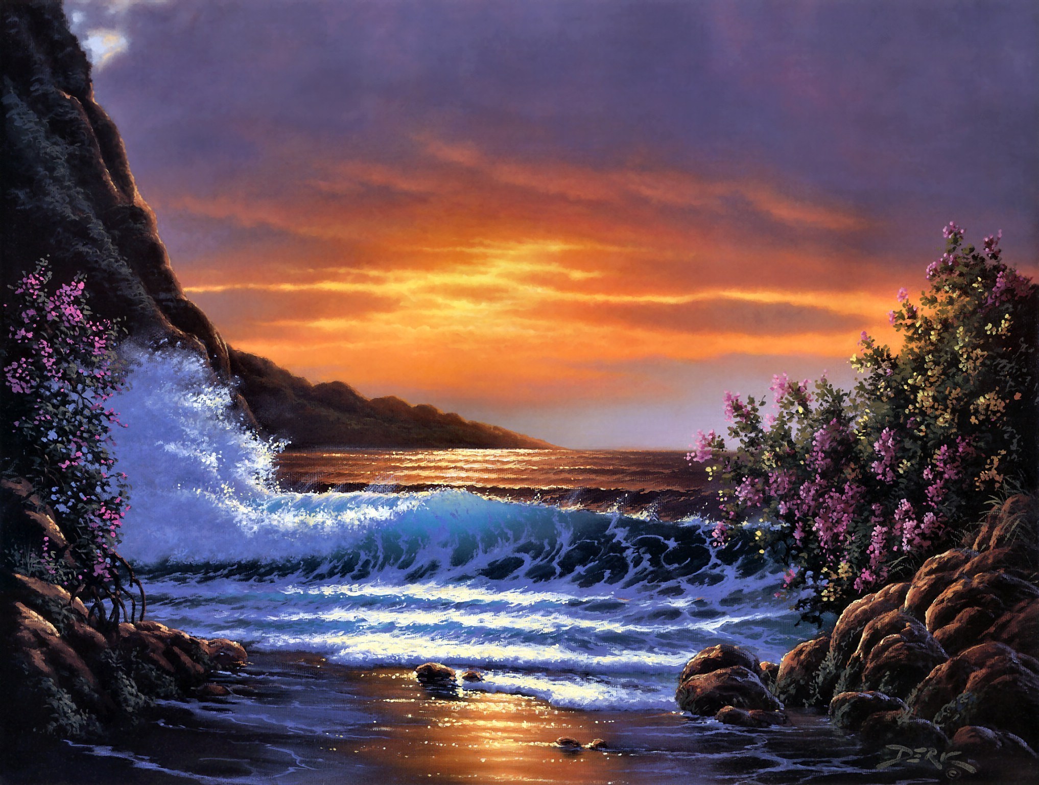 Free download wallpaper Nature, Sunset, Sky, Sea, Beach, Ocean, Painting, Artistic, Cloud, Wave, Derk Hansen on your PC desktop