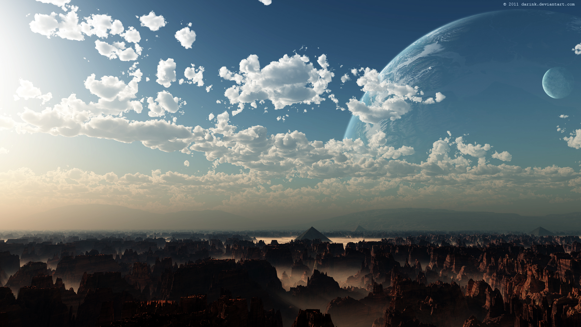 Download mobile wallpaper Landscape, Canyon, Planet, Sci Fi, Cloud, Pyramid for free.