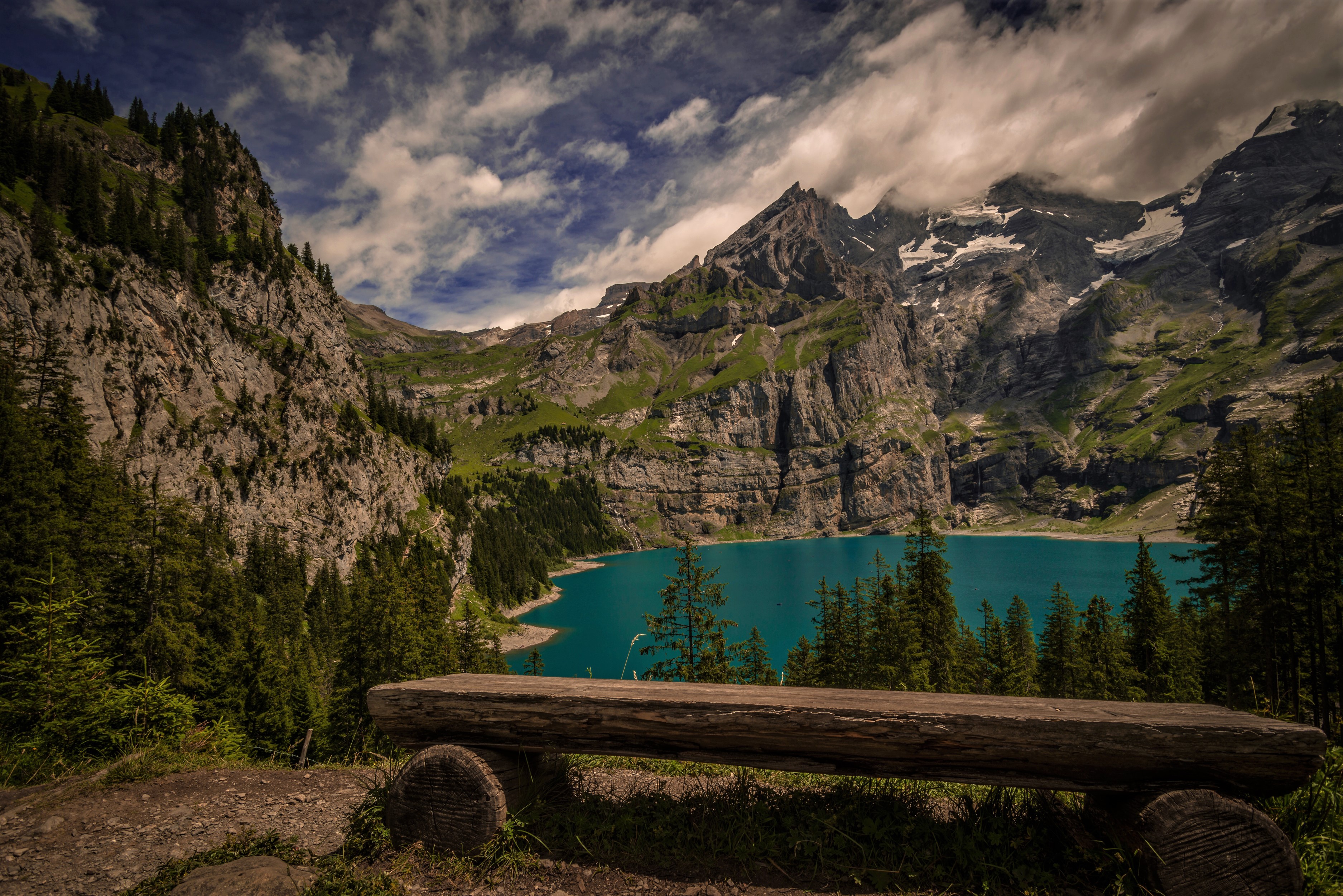 Скачать обои бесплатно Озера, Гора, Озеро, Швейцария, Скамейка, Земля/природа картинка на рабочий стол ПК