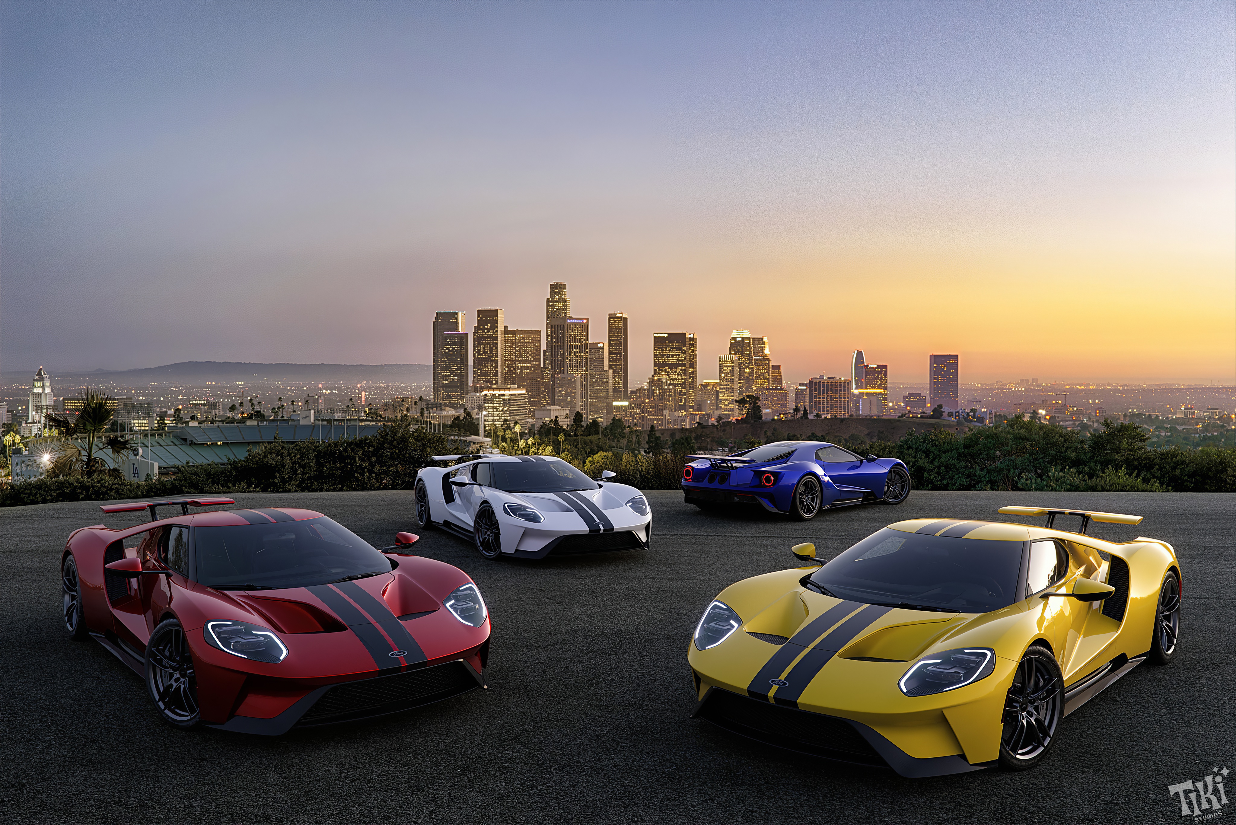 Download mobile wallpaper Sunset, Ford, City, Car, Supercar, Ford Gt, Vehicles, White Car, Yellow Car for free.