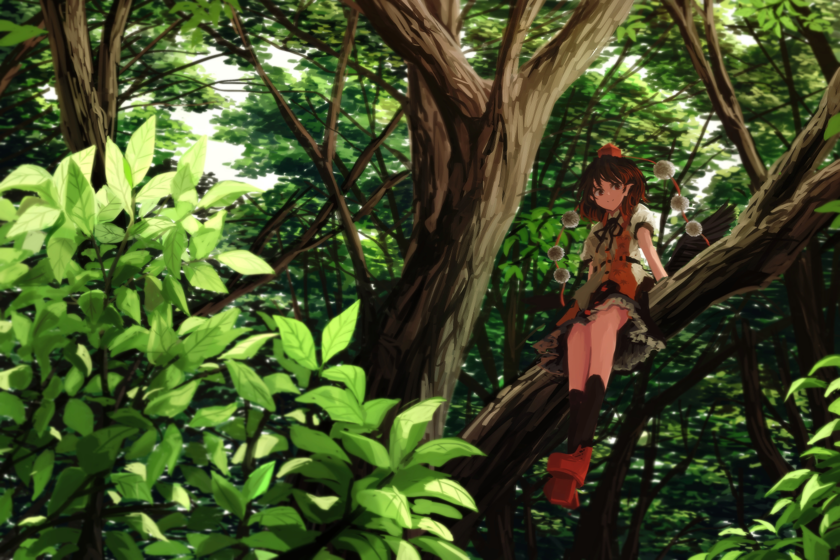 Laden Sie das Baum, Hut, Braune Augen, Animes, Tuhu, Spitze Ohren, Kurzes Haar, Aya Shameimaru-Bild kostenlos auf Ihren PC-Desktop herunter