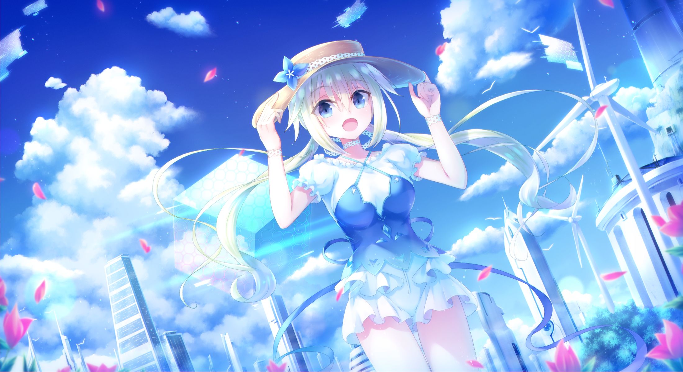 Download mobile wallpaper Anime, Flower, Hat, Blue Eyes, Original, Wind Turbine, Long Hair, White Hair, Twintails for free.