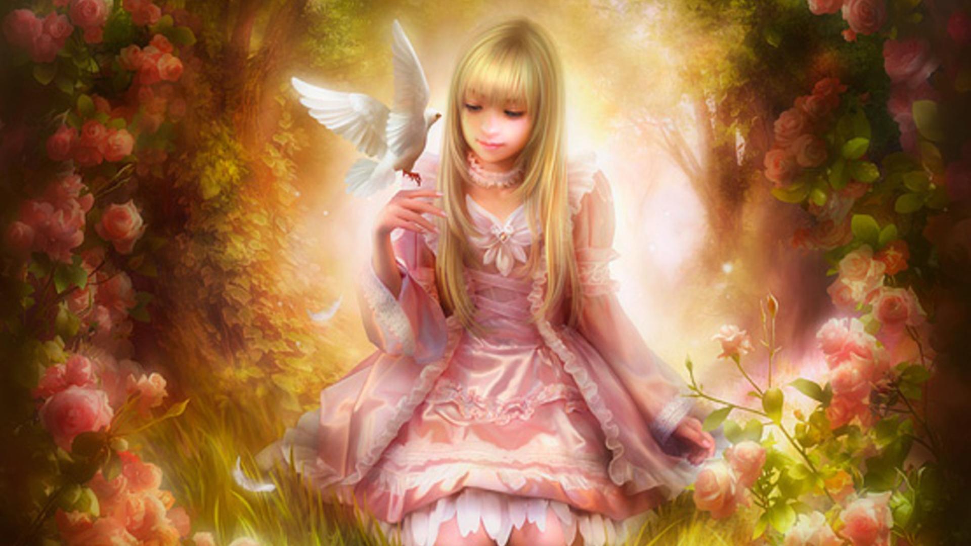 Download mobile wallpaper Fantasy, Pink, Rose, Child, Blonde, Dove, Little Girl, Pink Dress for free.