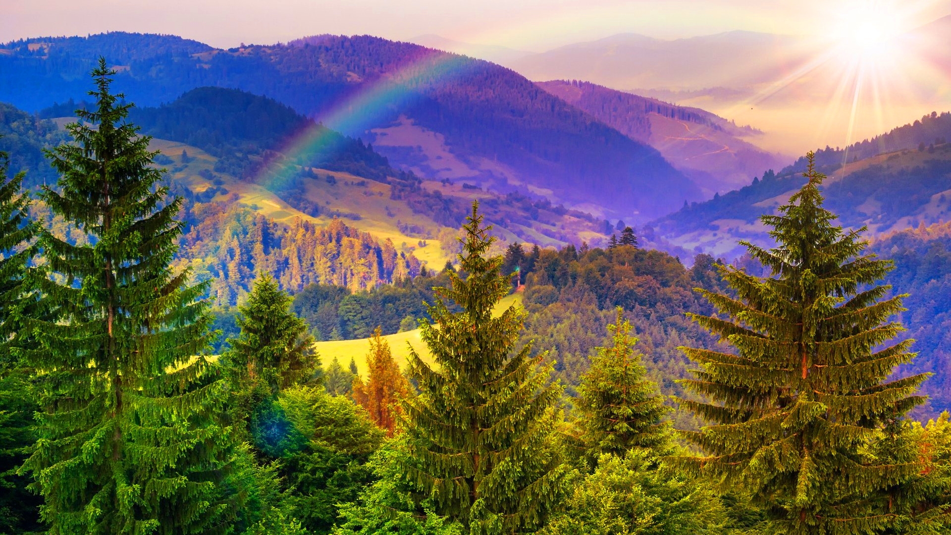 Download mobile wallpaper Landscape, Rainbow, Mountain, Tree, Fall, Earth for free.