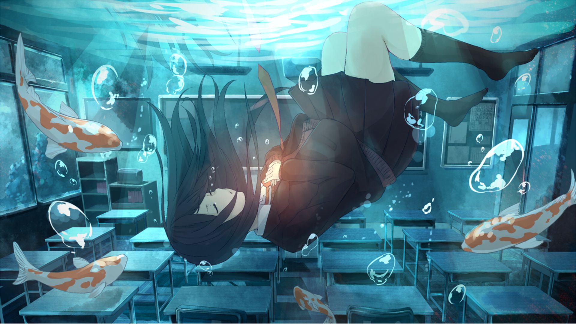 anime, original, bubble, classroom, fish, school uniform, water