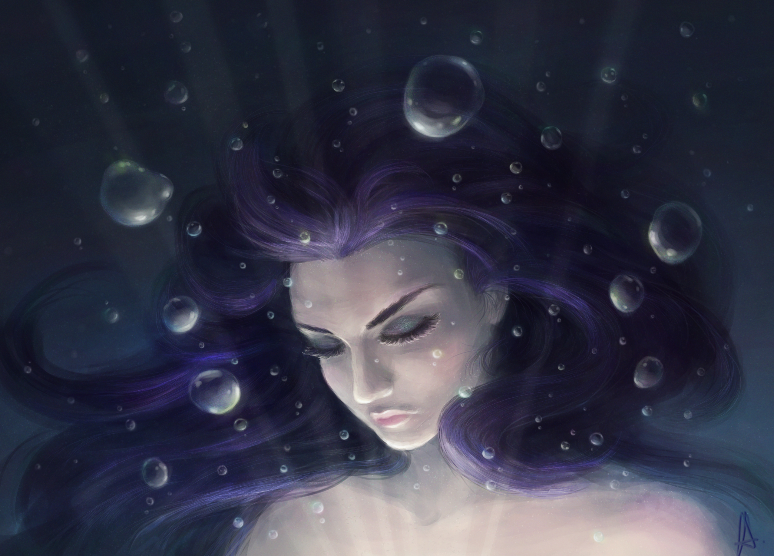 bubbles, girl, under water, art, hair, face, underwater