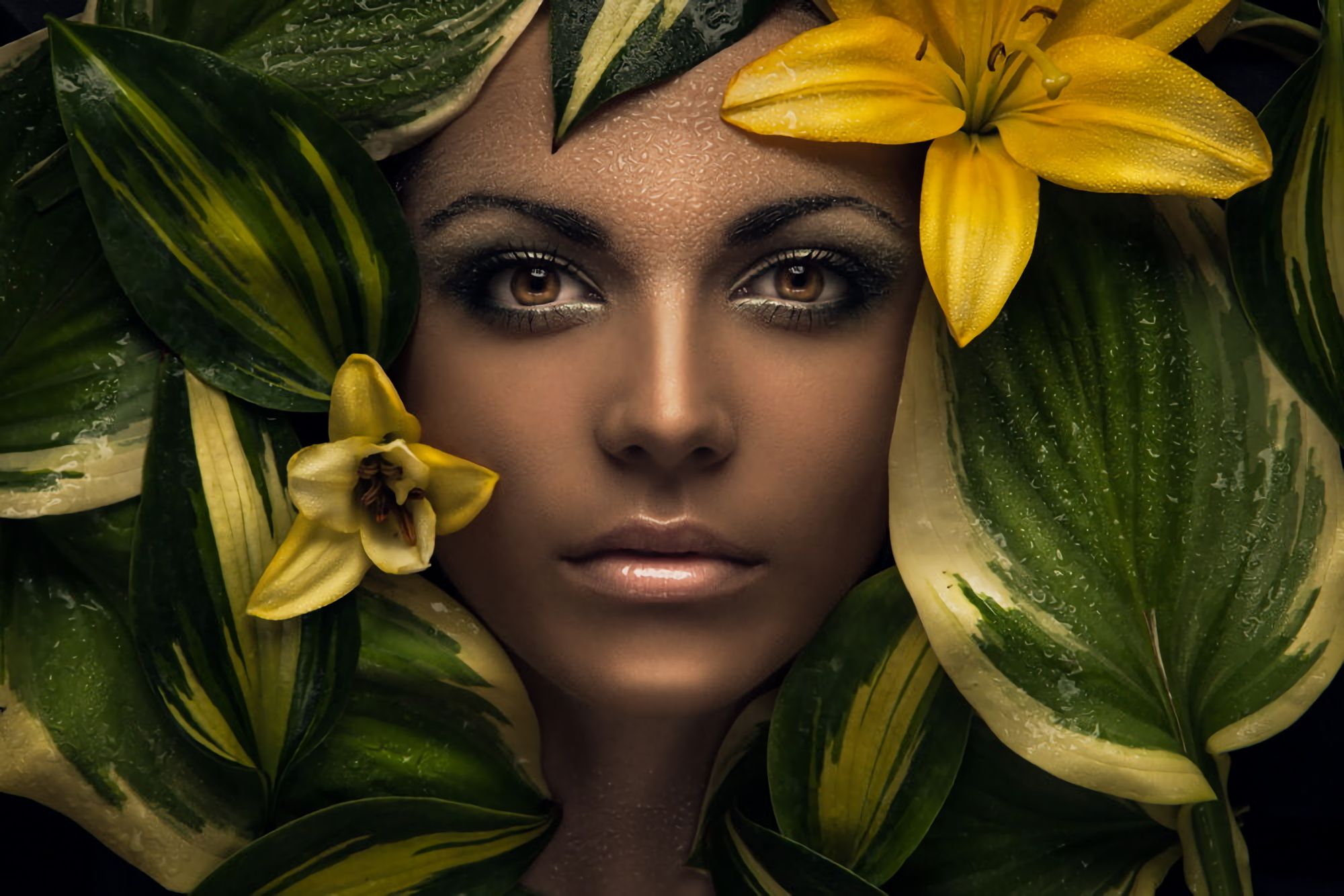 Free download wallpaper Fantasy, Flower, Leaf, Face, Women on your PC desktop