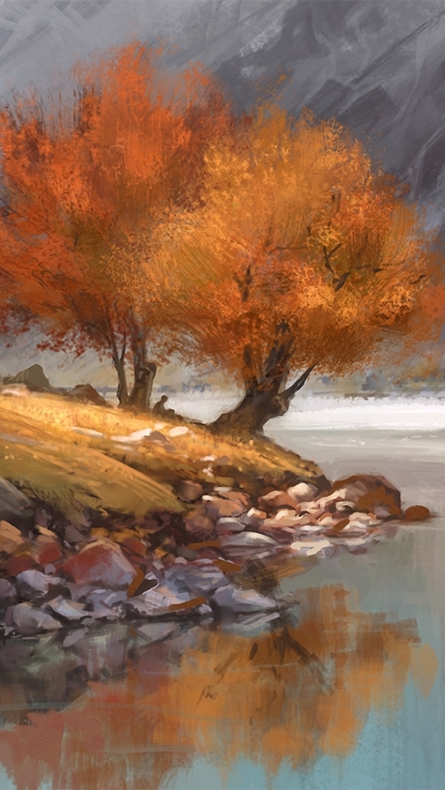 Download mobile wallpaper Landscape, Tree, Fall, Painting, Alone, Artistic for free.