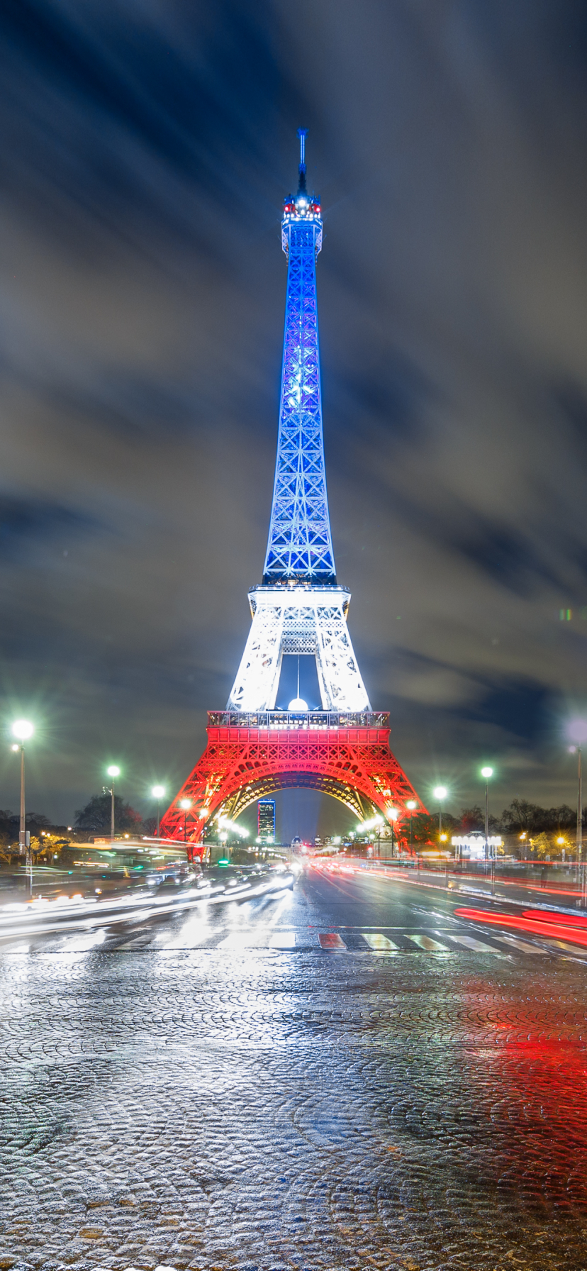 Download mobile wallpaper Night, Paris, Eiffel Tower, Monuments, Light, Statue, Man Made, Time Lapse, French Flag for free.
