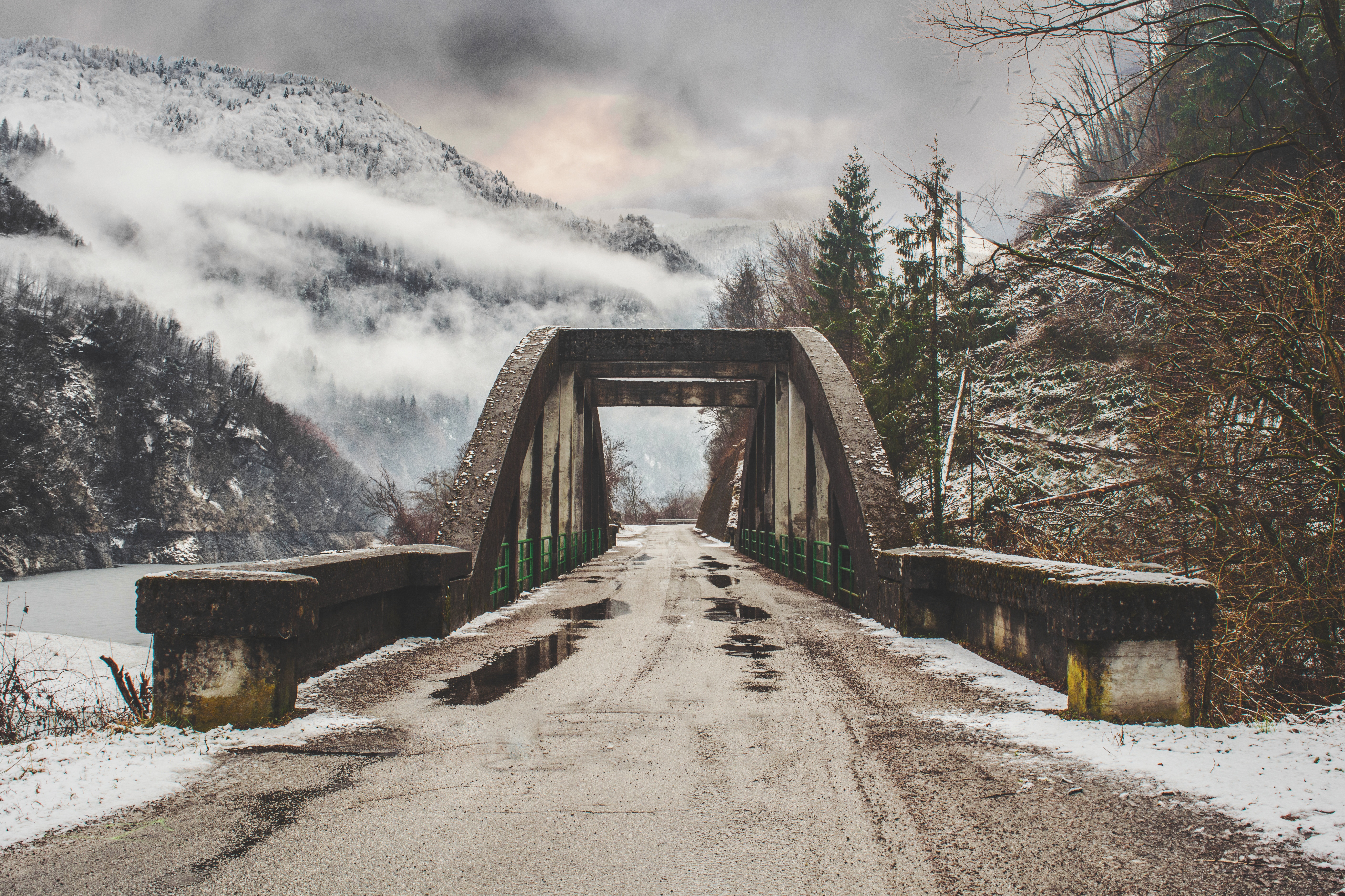 nature, mountains, bridge, mainly cloudy, overcast