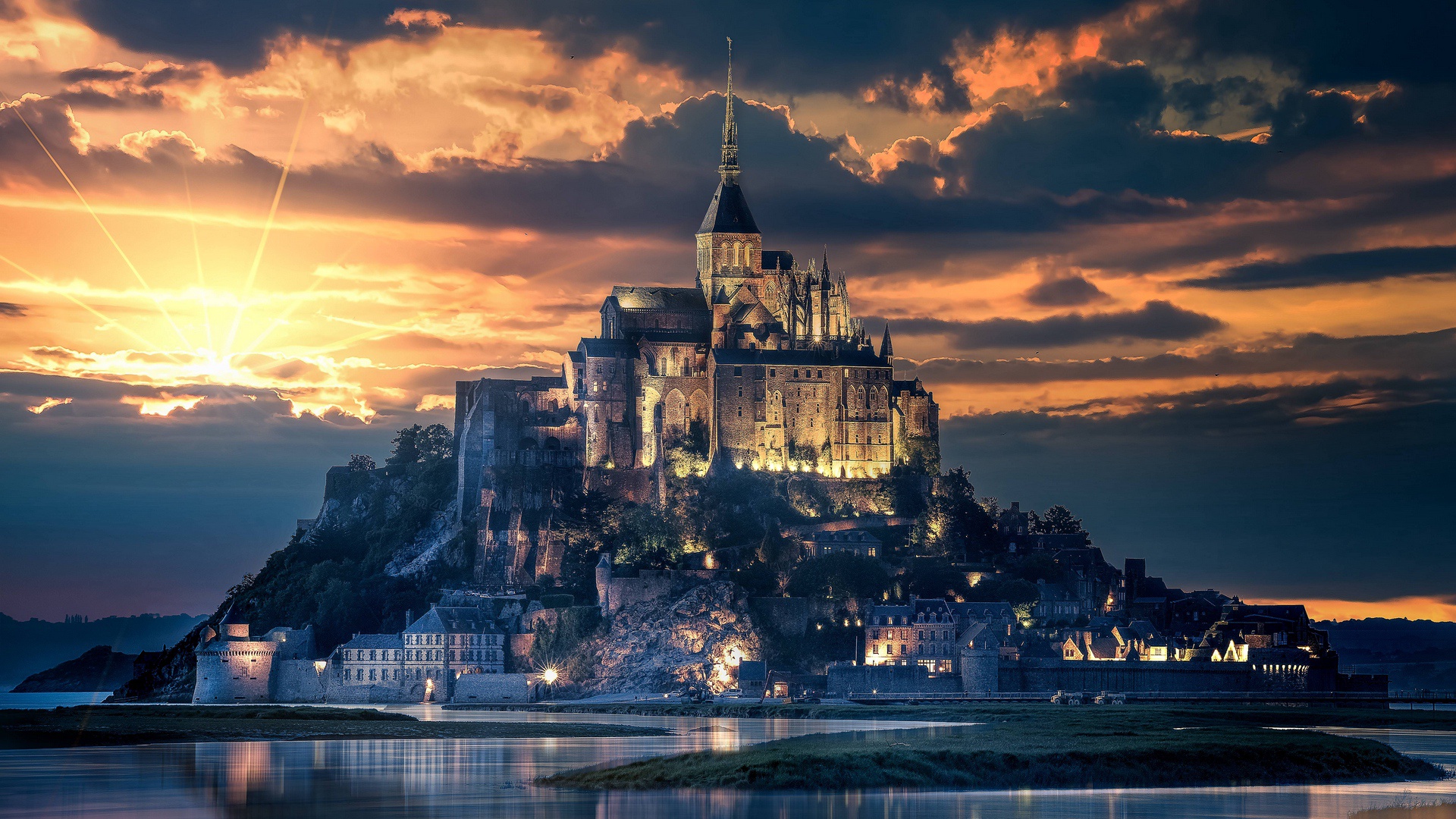 Free download wallpaper Sunrise, France, Cloud, Mont Saint Michel, Monastery, Religious on your PC desktop