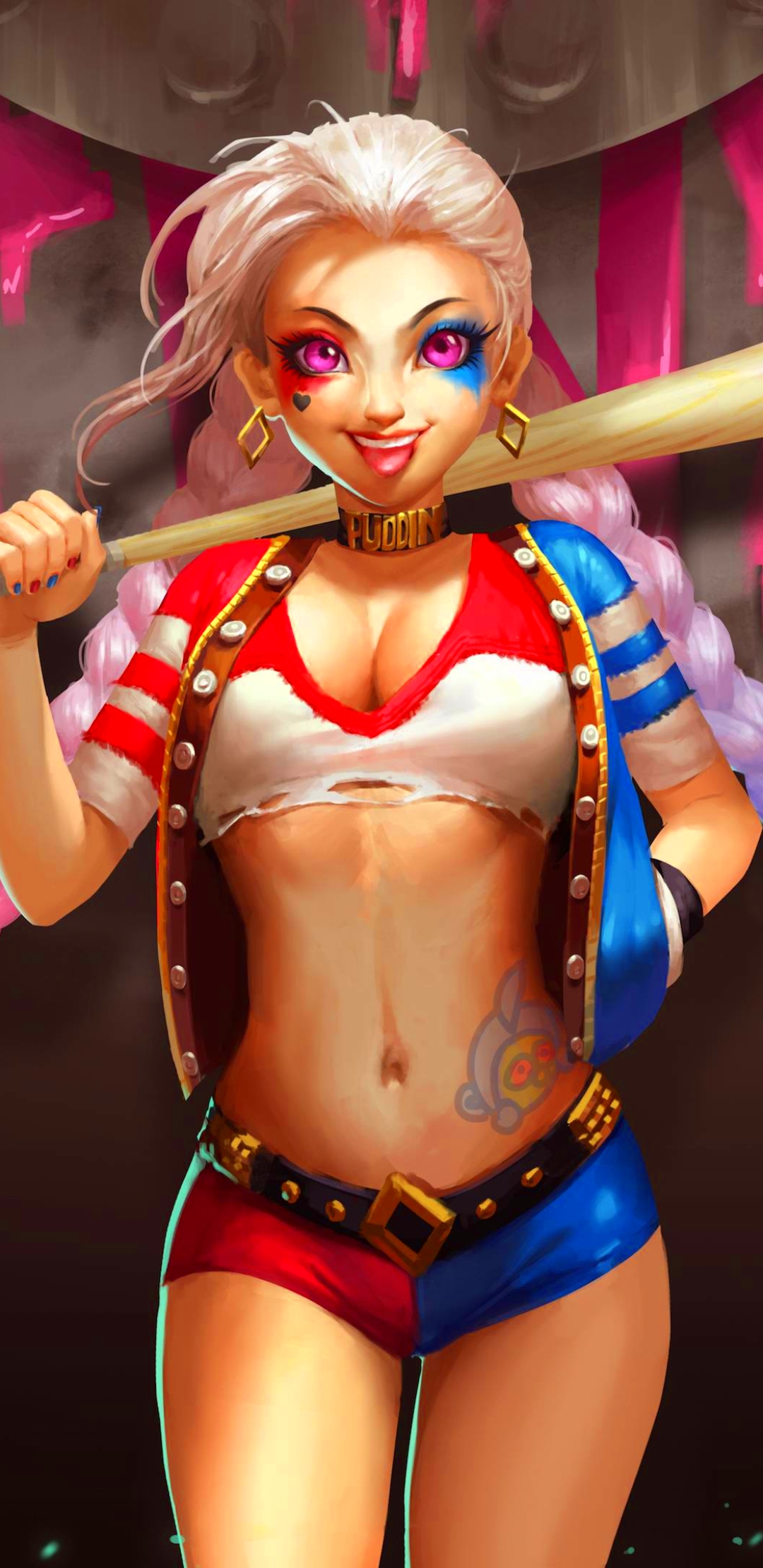 Download mobile wallpaper League Of Legends, Smile, Crossover, Braid, Video Game, Long Hair, Harley Quinn, Purple Eyes, Baseball Bat, Jinx (League Of Legends) for free.