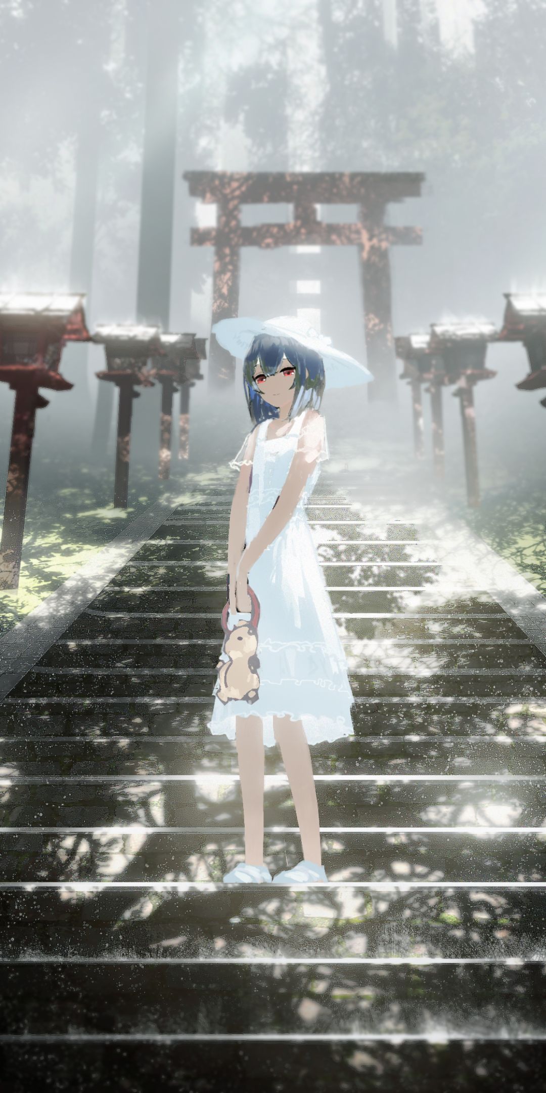 Download mobile wallpaper Anime, Girl, Stairs, Torii, Shrine for free.