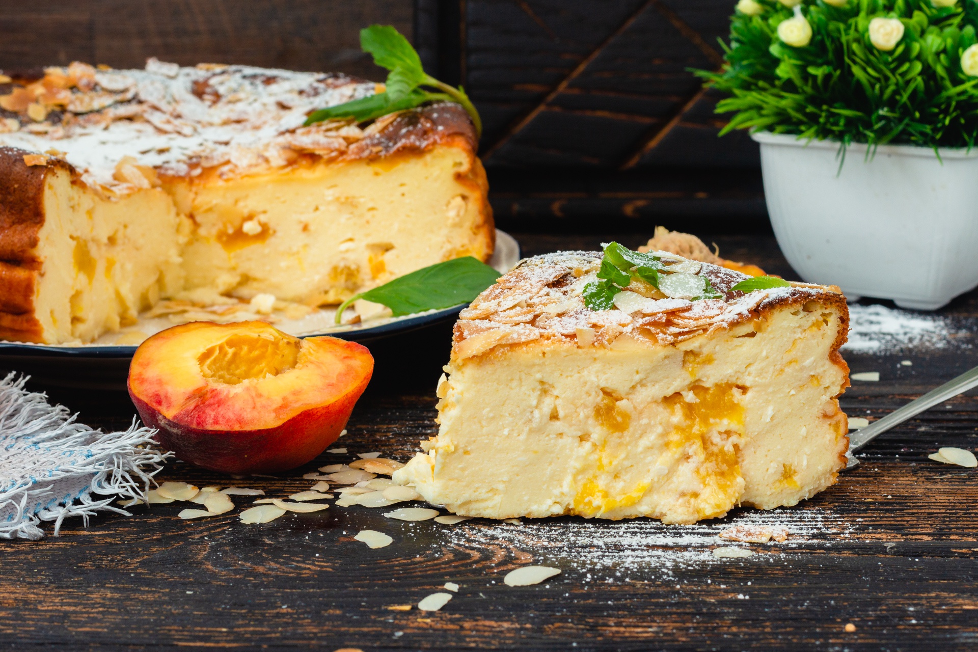 Download mobile wallpaper Food, Dessert, Still Life, Baking, Peach, Cheesecake for free.