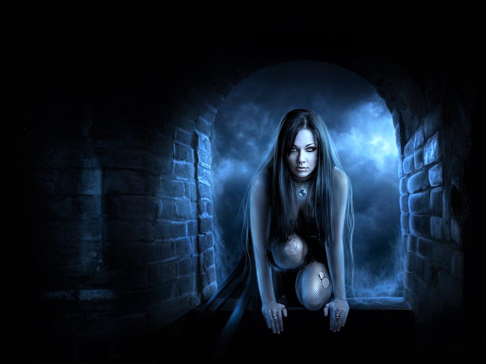 Download mobile wallpaper Fantasy, Gothic, Night, Stone, Arch, Women for free.