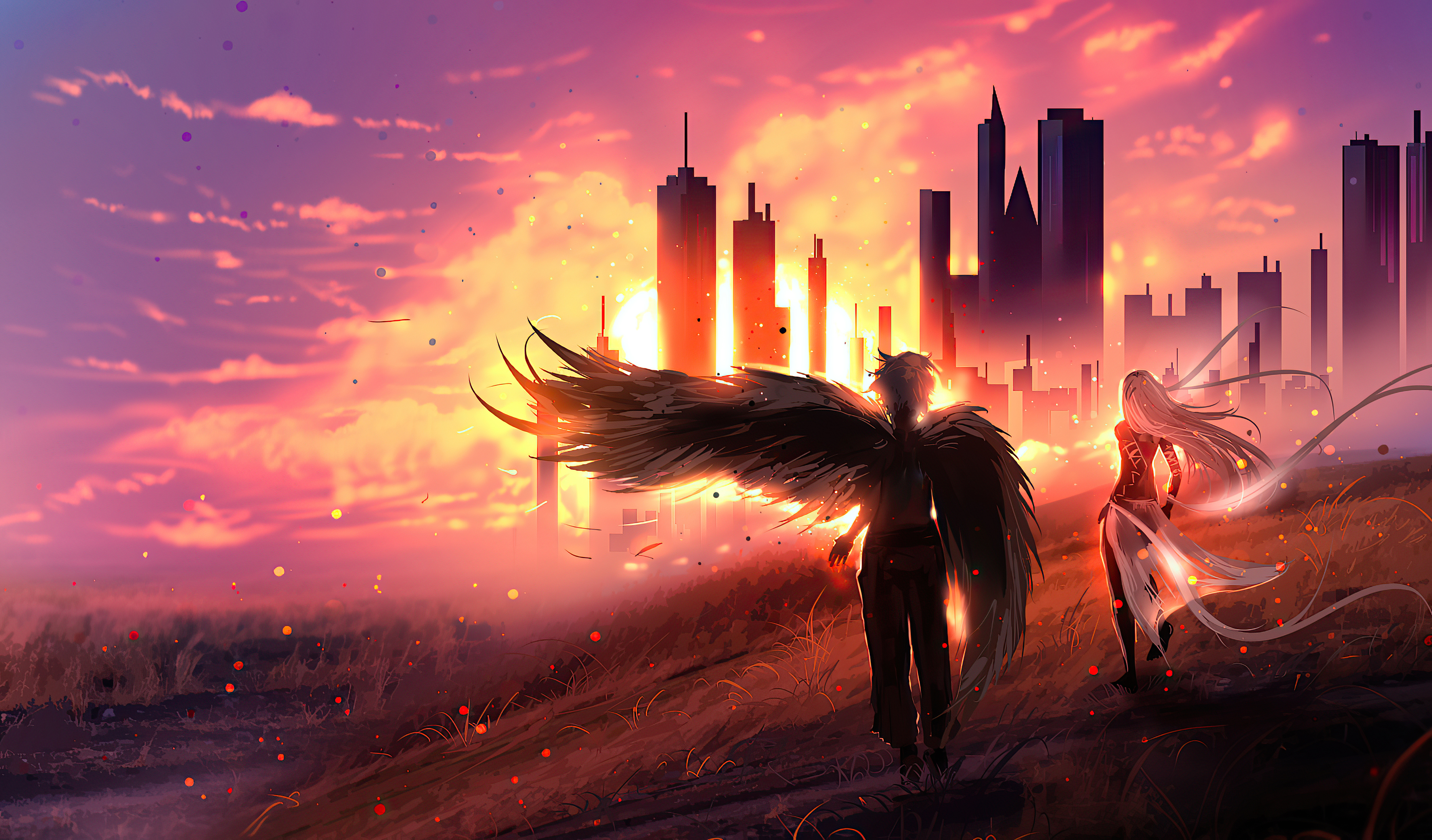 Download mobile wallpaper Fantasy, City, Sunrise, Wings, Angel for free.