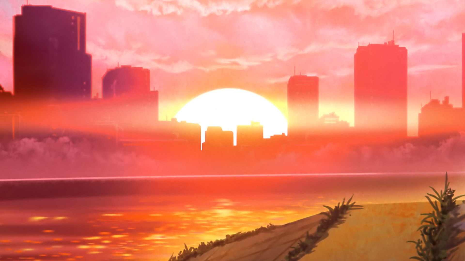 anime, just because!, city, sunset