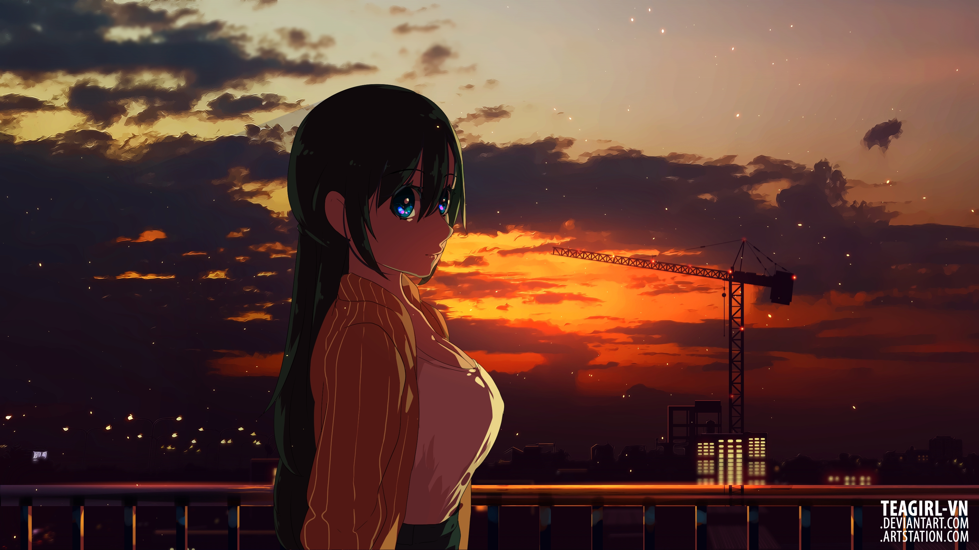 Free download wallpaper Anime, Sunset, City, Cloud, Blue Eyes, Original, Long Hair on your PC desktop