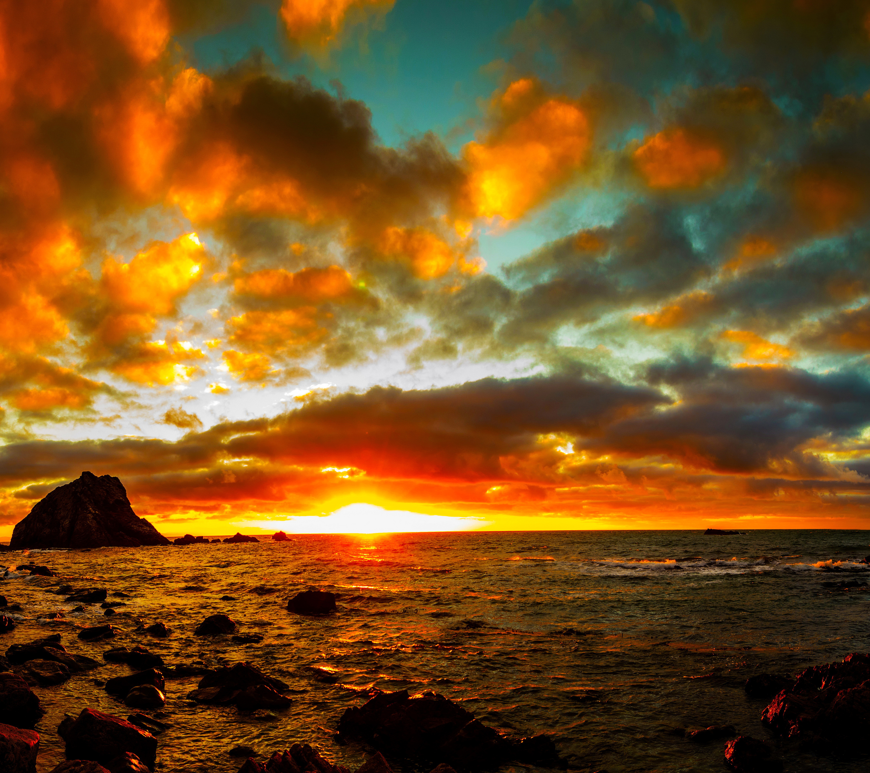 Download mobile wallpaper Sunset, Sky, Sea, Horizon, Ocean, Earth, Cloud, Orange (Color) for free.