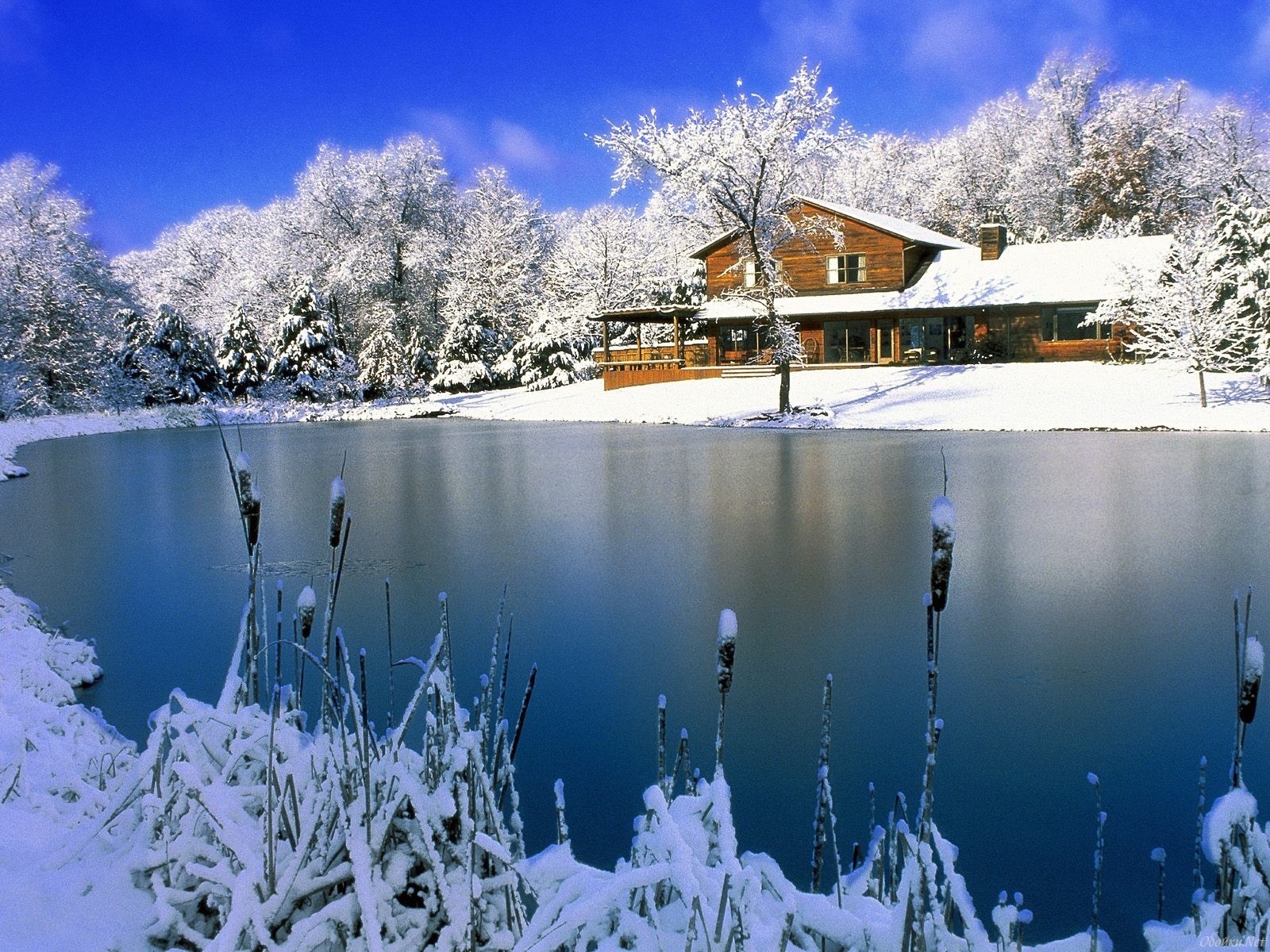 Free download wallpaper Houses, Snow, Lakes, Landscape, Winter on your PC desktop