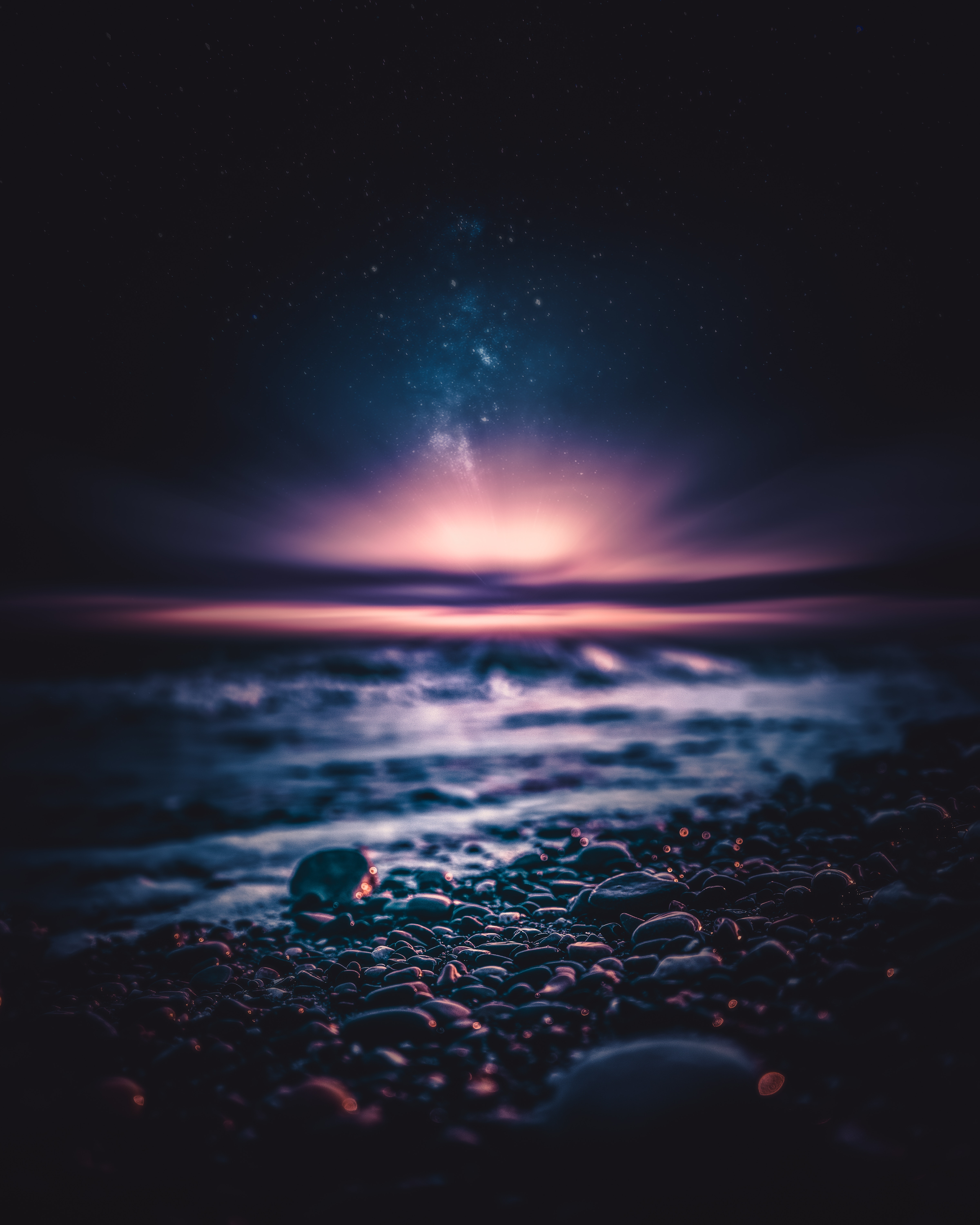 Download mobile wallpaper Shore, Bank, Stones, Starry Sky, Nature, Universe for free.