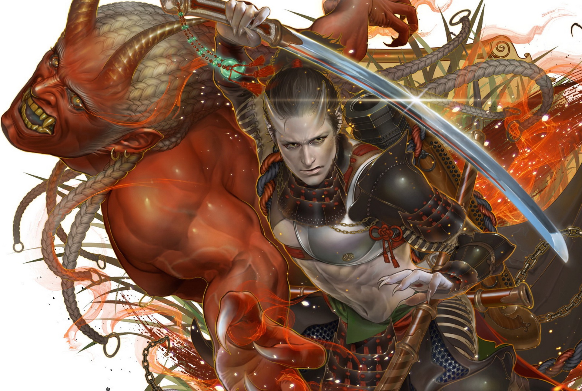 Download mobile wallpaper Fantasy, Weapon, Warrior, Horns, Demon, Armor, Sword for free.