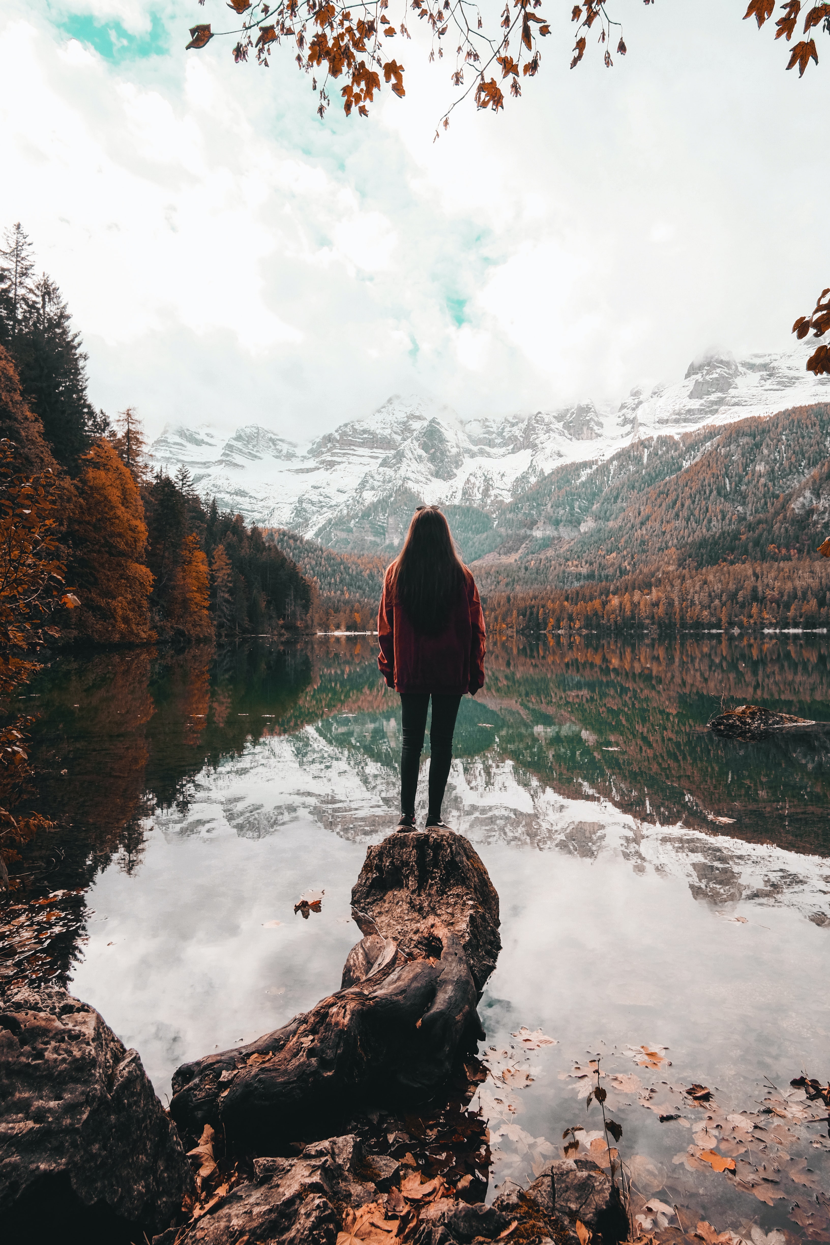 Download mobile wallpaper Miscellanea, Miscellaneous, Nature, Mountains, Lake, Loneliness, Girl for free.