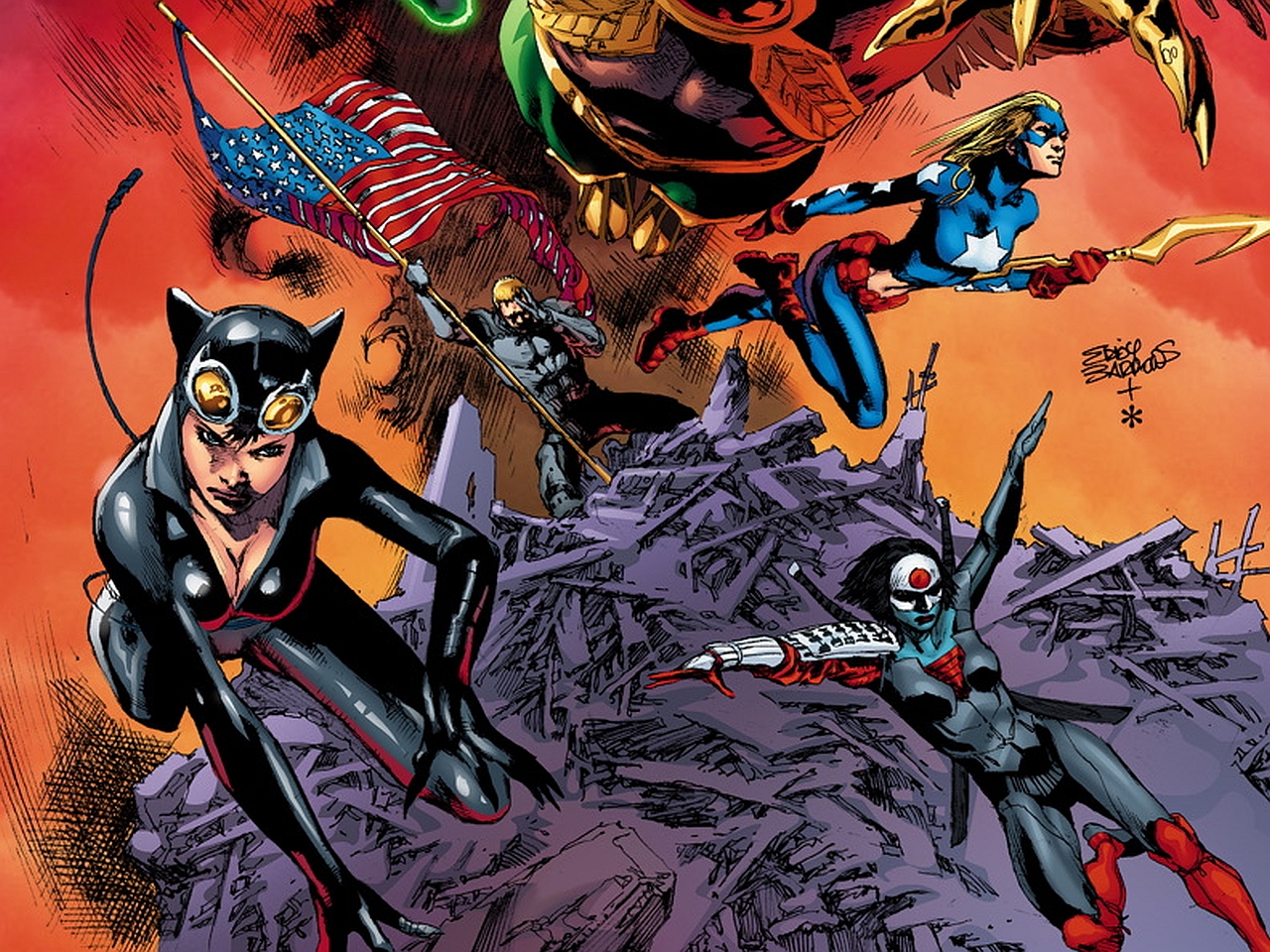 comics, justice league of america, american flag, catwoman, katana (dc comics), stargirl (dc comics)