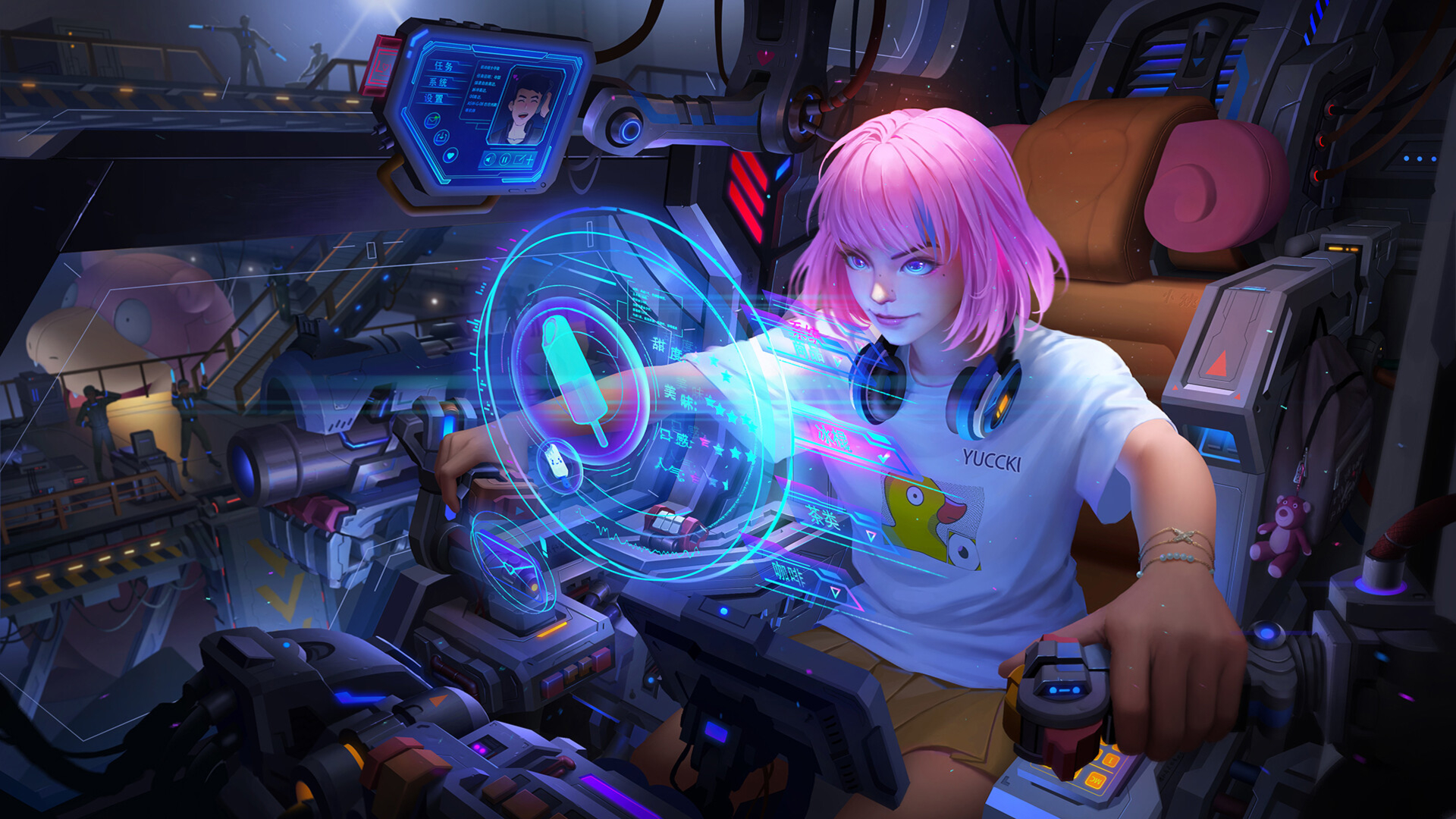 Free download wallpaper Sci Fi, Women, Blue Eyes, Pink Hair, Short Hair, Mecha on your PC desktop