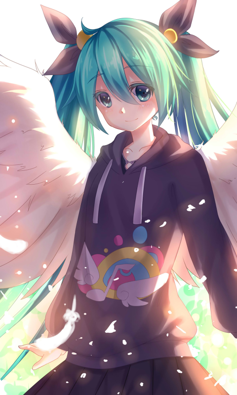 Download mobile wallpaper Anime, Feather, Smile, Wings, Angel, Vocaloid, Hatsune Miku, Long Hair, Aqua Eyes, Aqua Hair, Twintails for free.