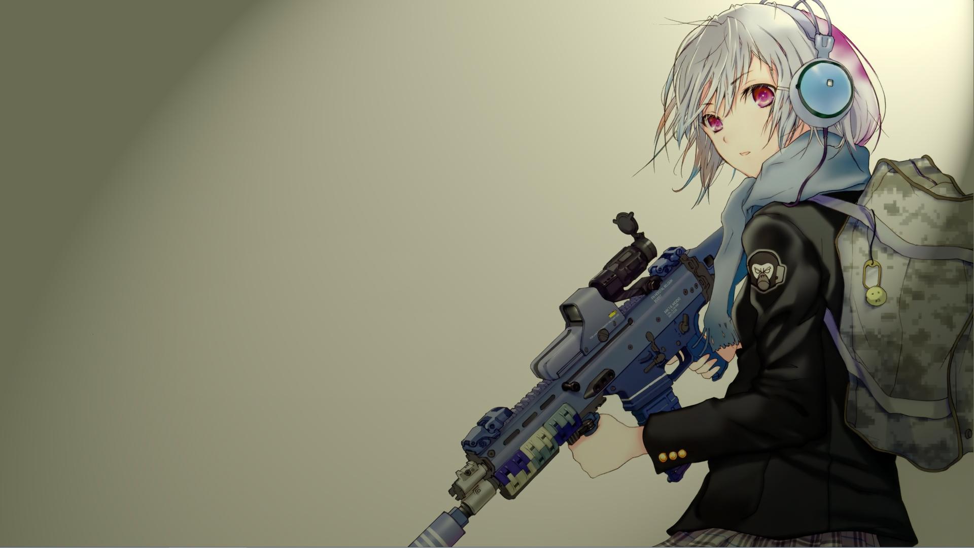 military, headphones, anime, gun, rifle, short hair, weapon, white hair