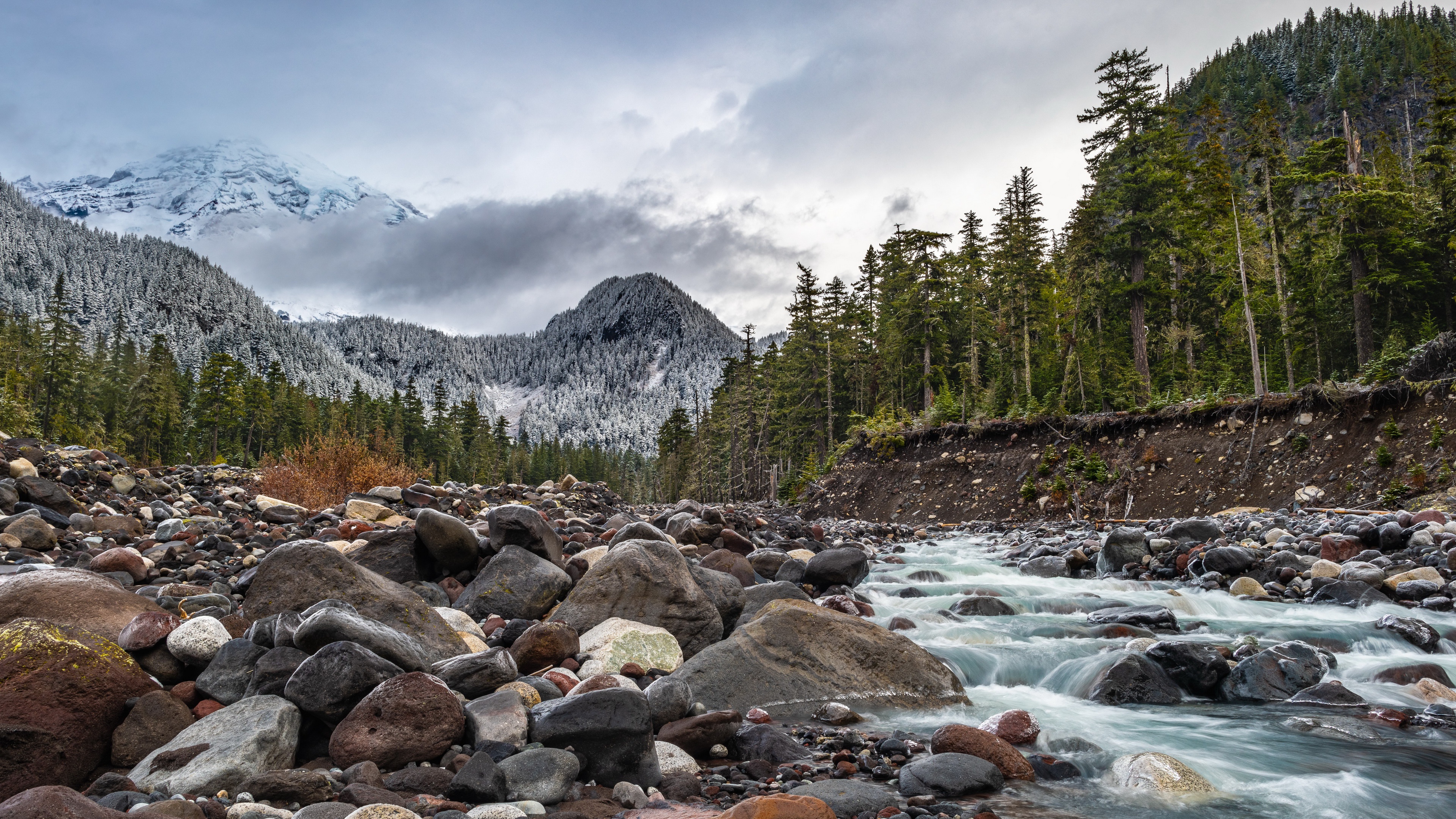 Download mobile wallpaper Mountains, Mountain, Earth, Stone, Stream, Mount Rainier for free.