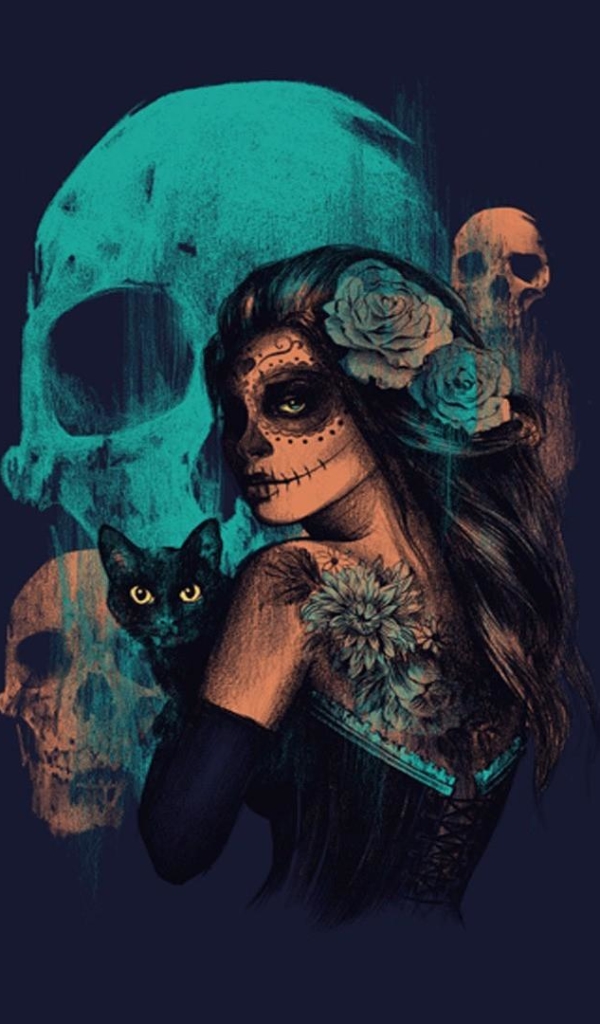 Download mobile wallpaper Gothic, Cat, Rose, Artistic, Skull, Sugar Skull, Day Of The Dead for free.