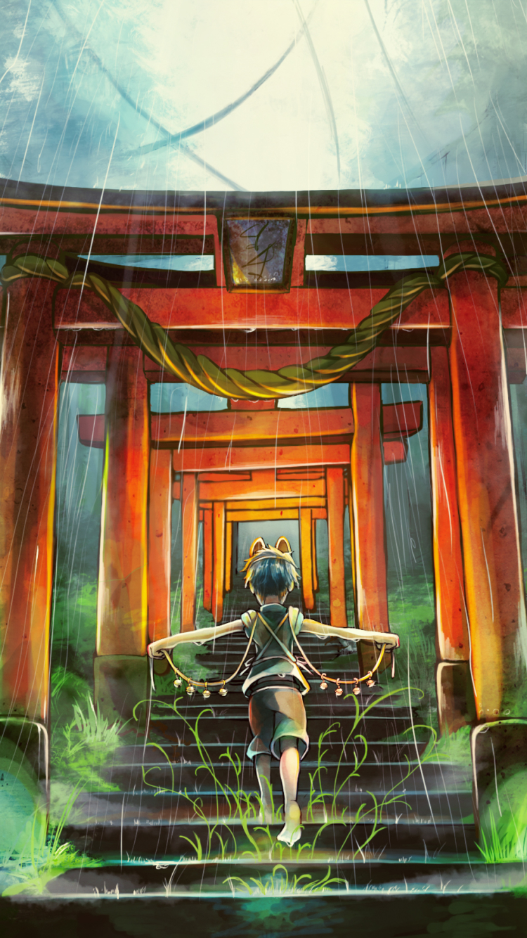 Download mobile wallpaper Anime, Rain, Stairs, Shrine for free.