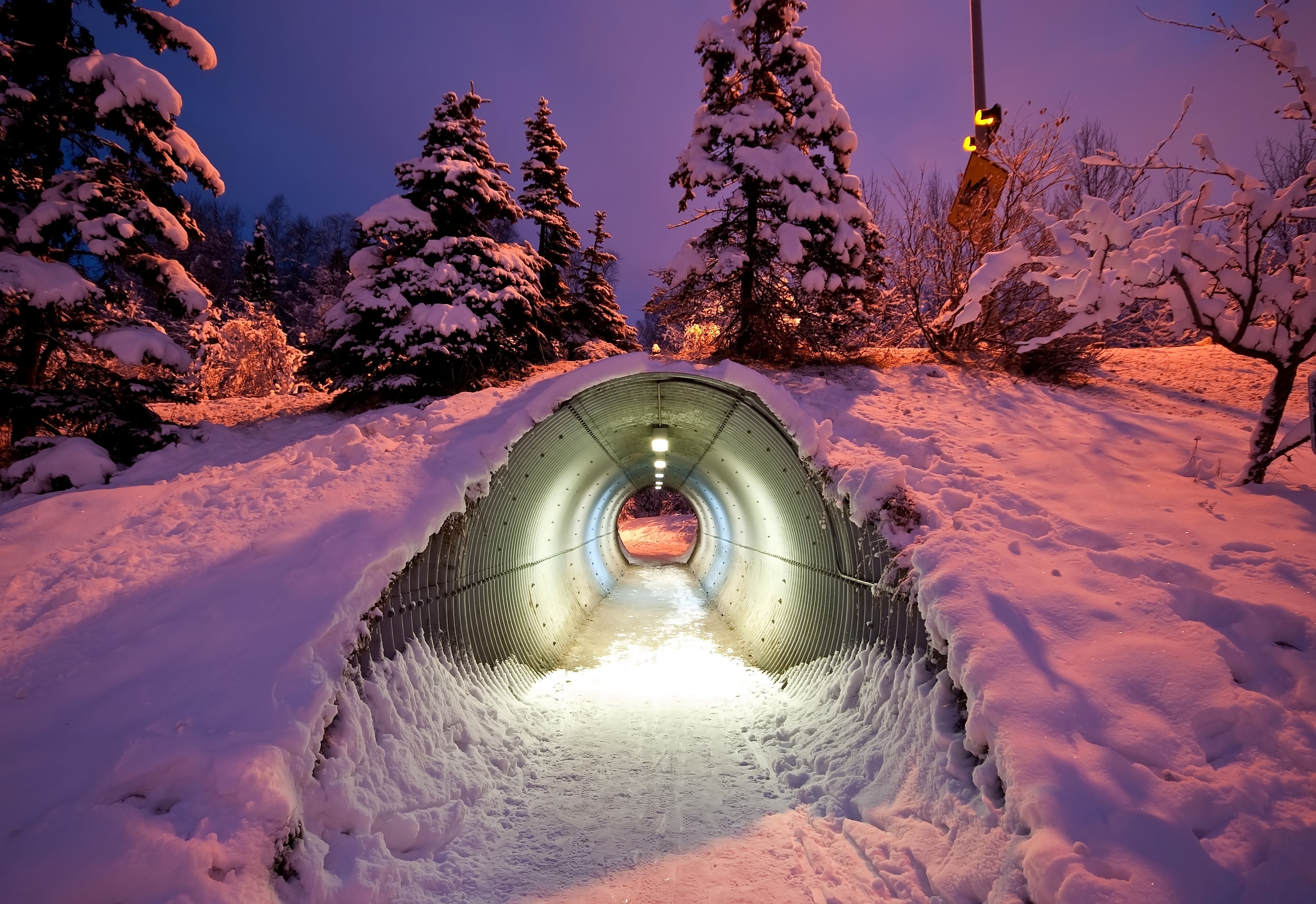 tunnel, nature, winter, snow, shine, light, trumpet, pipe