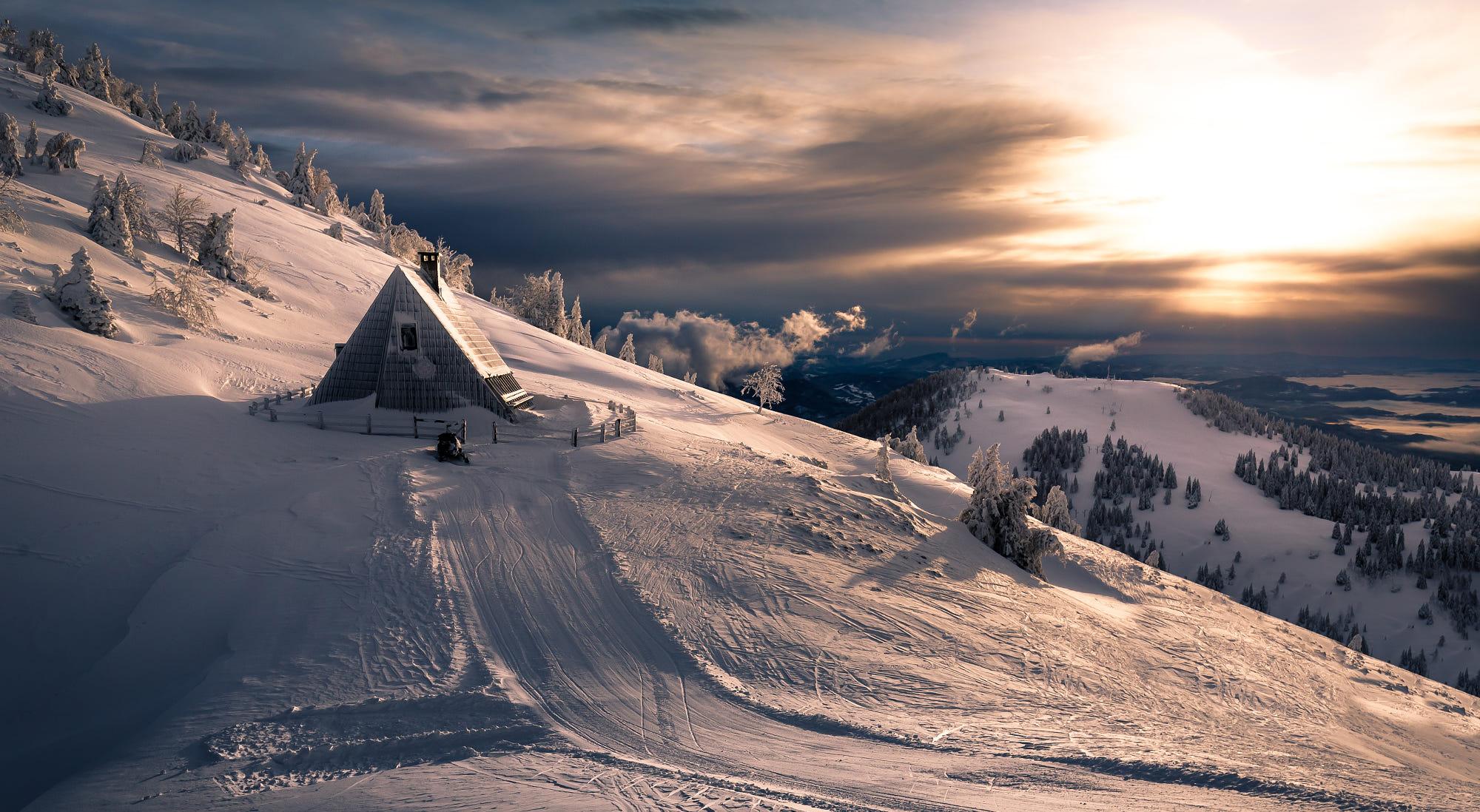 Free download wallpaper Winter, Sunset, Mountain, Cabin, Man Made, Pine Tree on your PC desktop