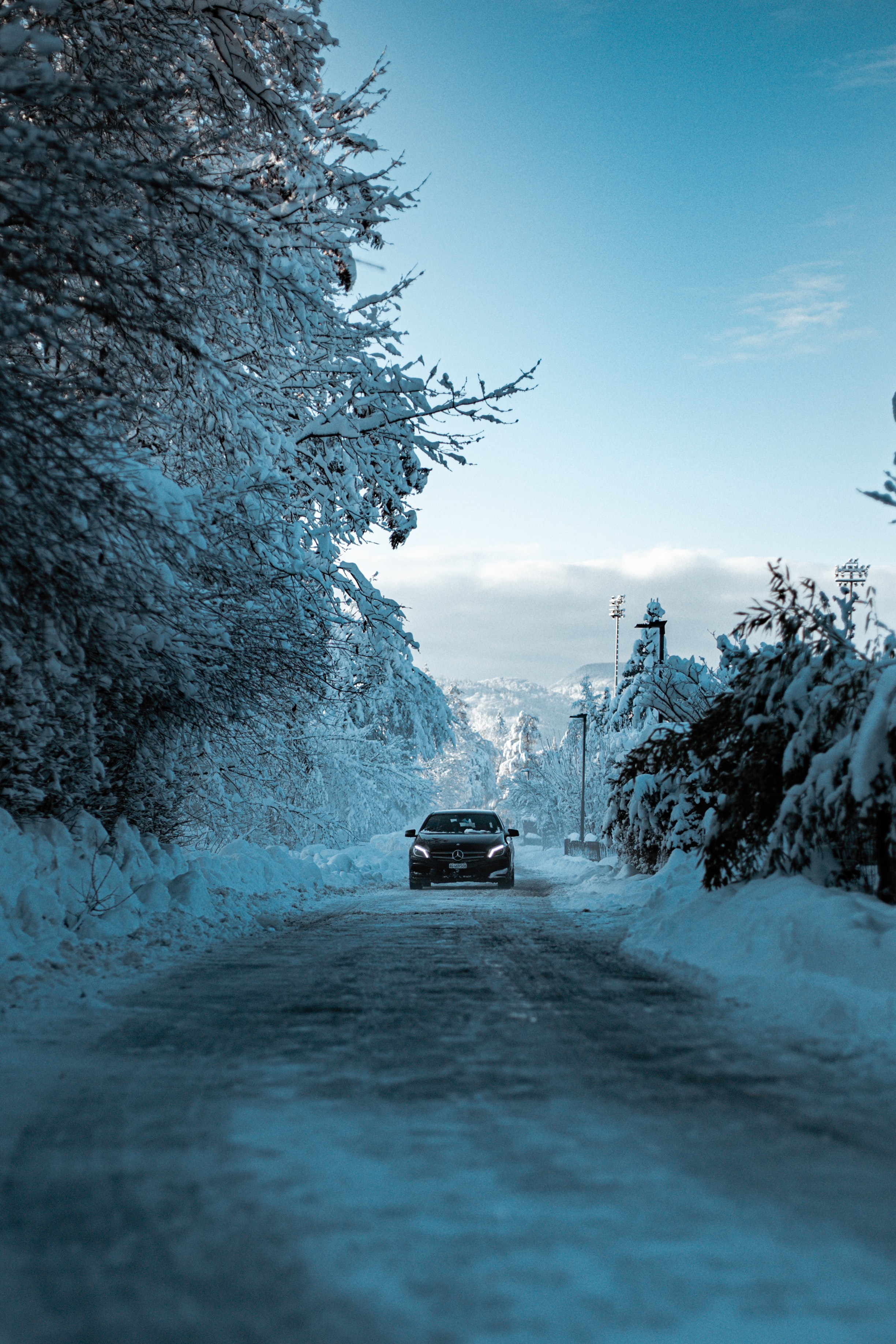 cars, mercedes, black, winter, snow, road, car