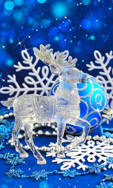 Handy-Wallpaper Feiertage, Schnee, Weihnachten, Weihnachtsschmuck, Reh, Hirsch, Schneeflocke kostenlos herunterladen.