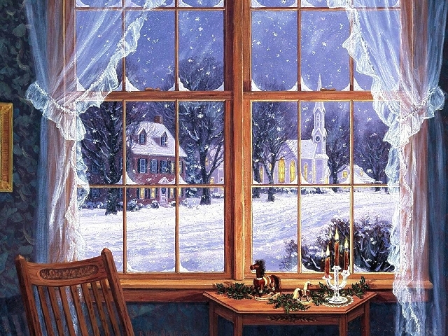 PCデスクトップに冬, 家, 街, 雪, 窓, カーテン, 芸術的画像を無料でダウンロード