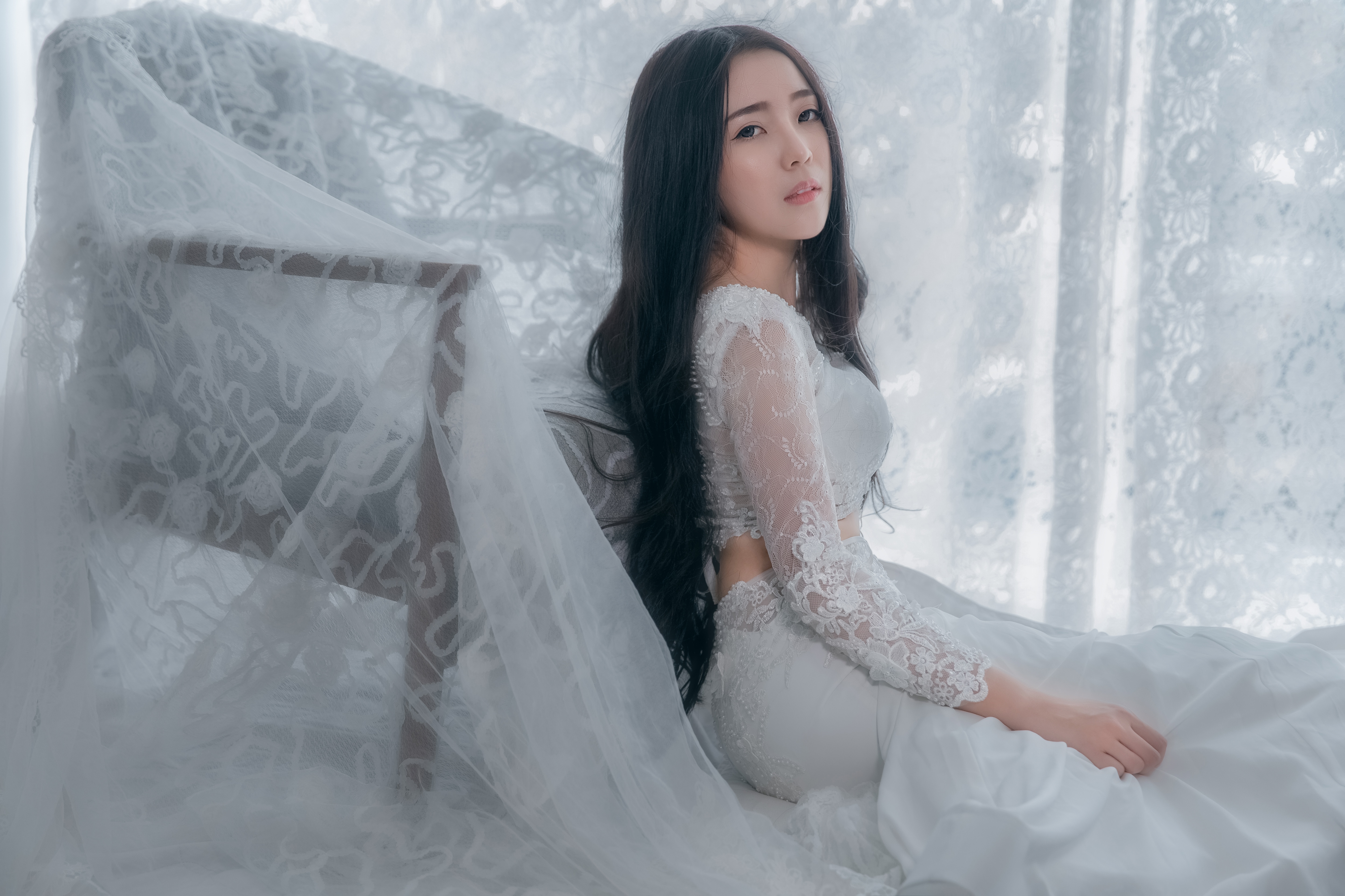 Free download wallpaper Bride, Model, Women, Asian, Wedding Dress, Black Hair, Long Hair, White Dress on your PC desktop