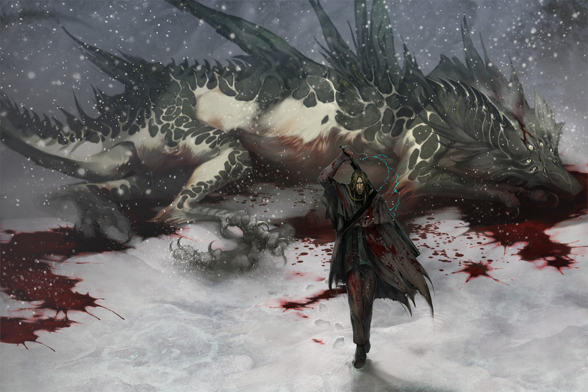 warrior, fantasy, dragon, blood, death, snow, sword