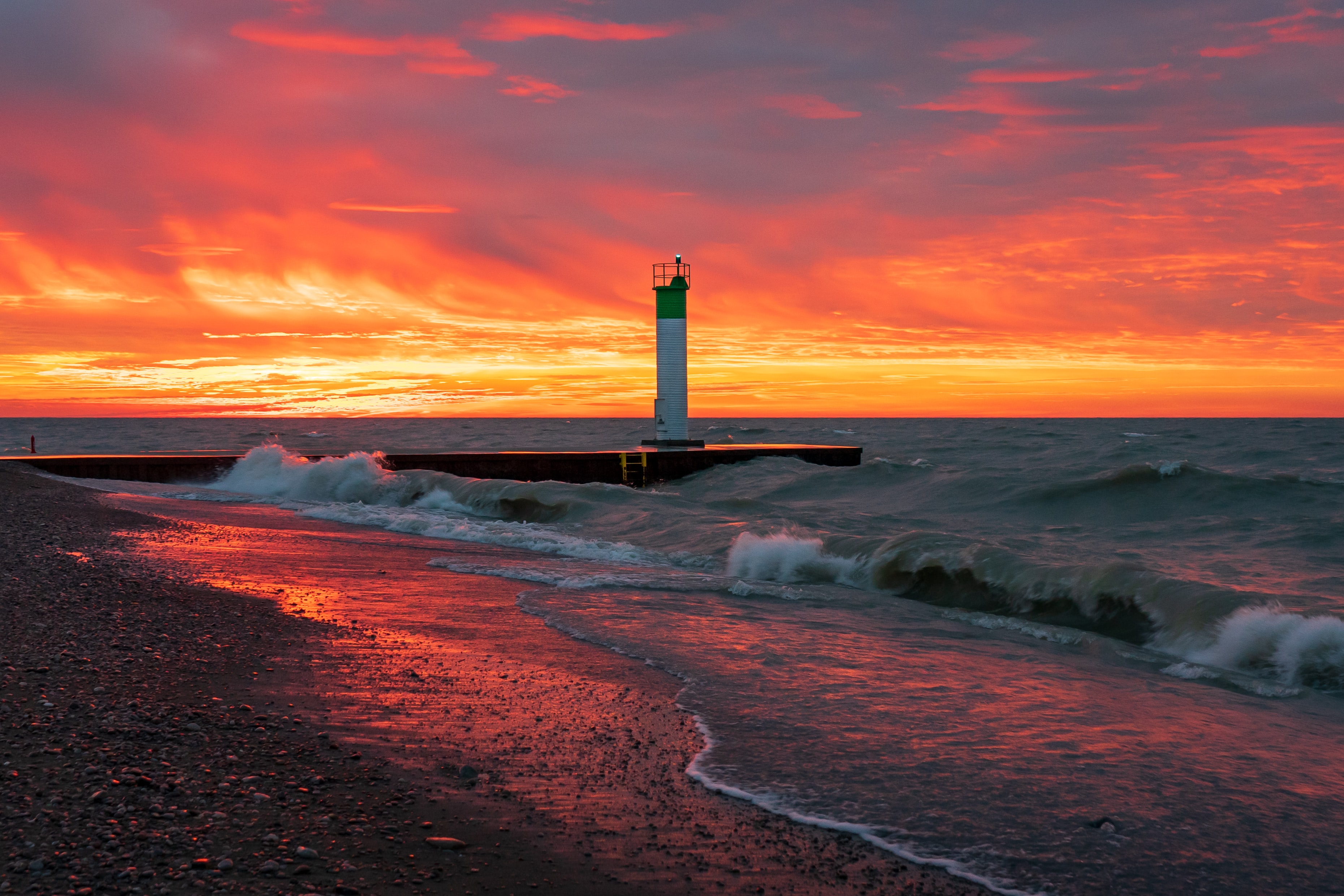 sunset, nature, sea, waves, beach, lighthouse