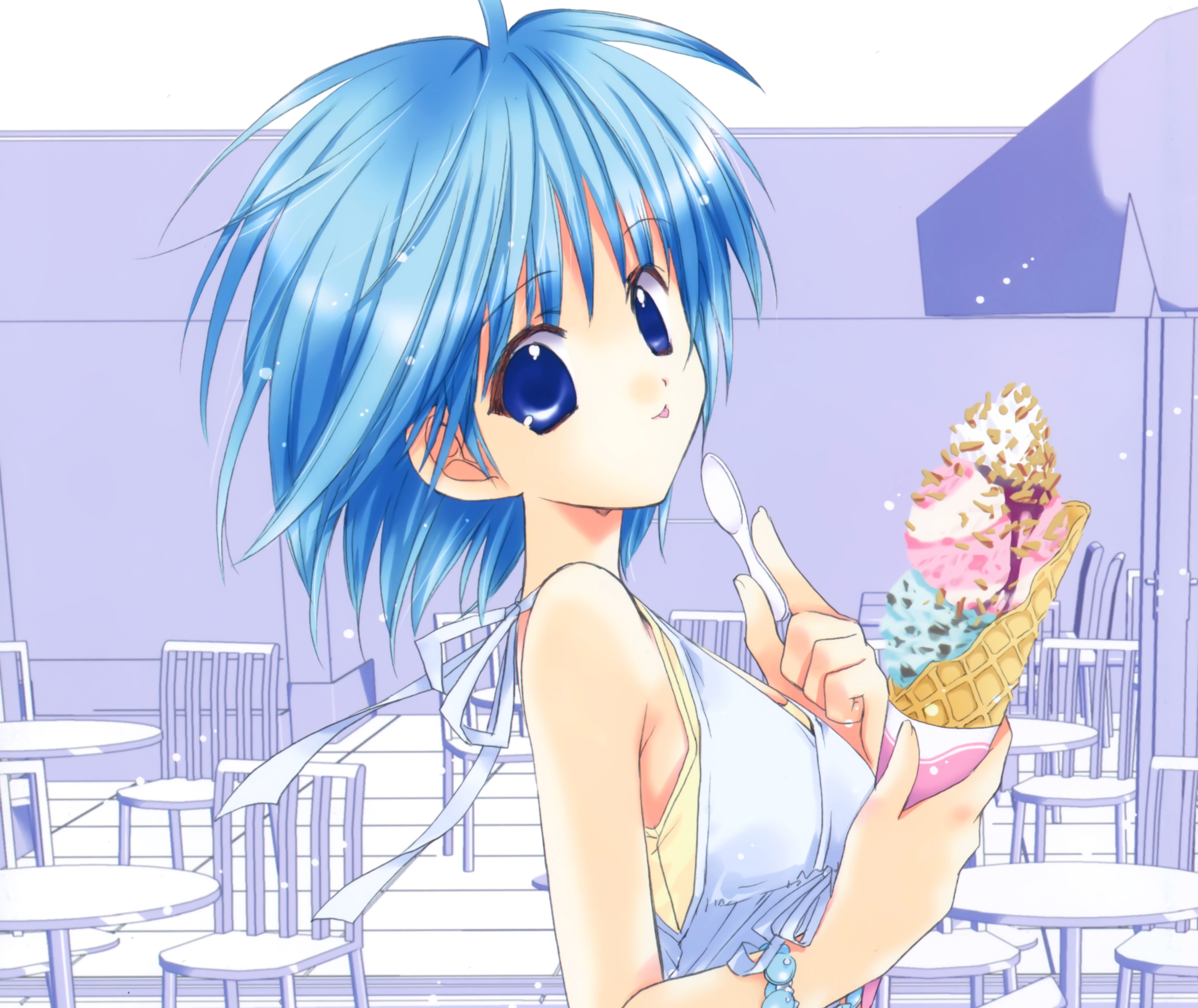Download mobile wallpaper Anime, Ice Cream, Blue Eyes, Original, Blue Hair, Short Hair for free.
