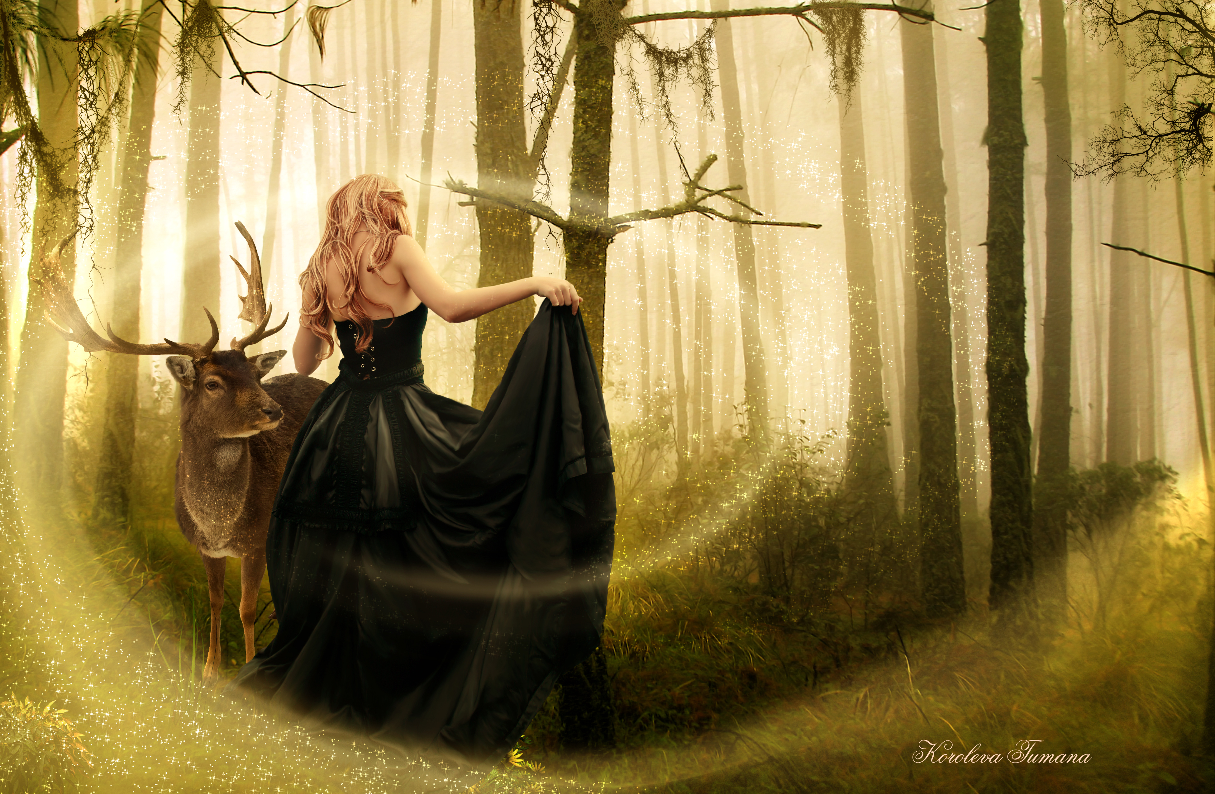 fantasy, women, buck, deer, forest, gothic