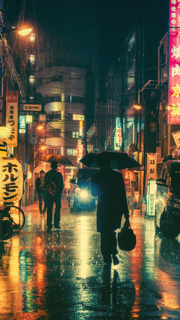 Descarga gratuita de fondo de pantalla para móvil de Ciudades, Lluvia, Noche, Ciudad, Neón, Japón, Hecho Por El Hombre.